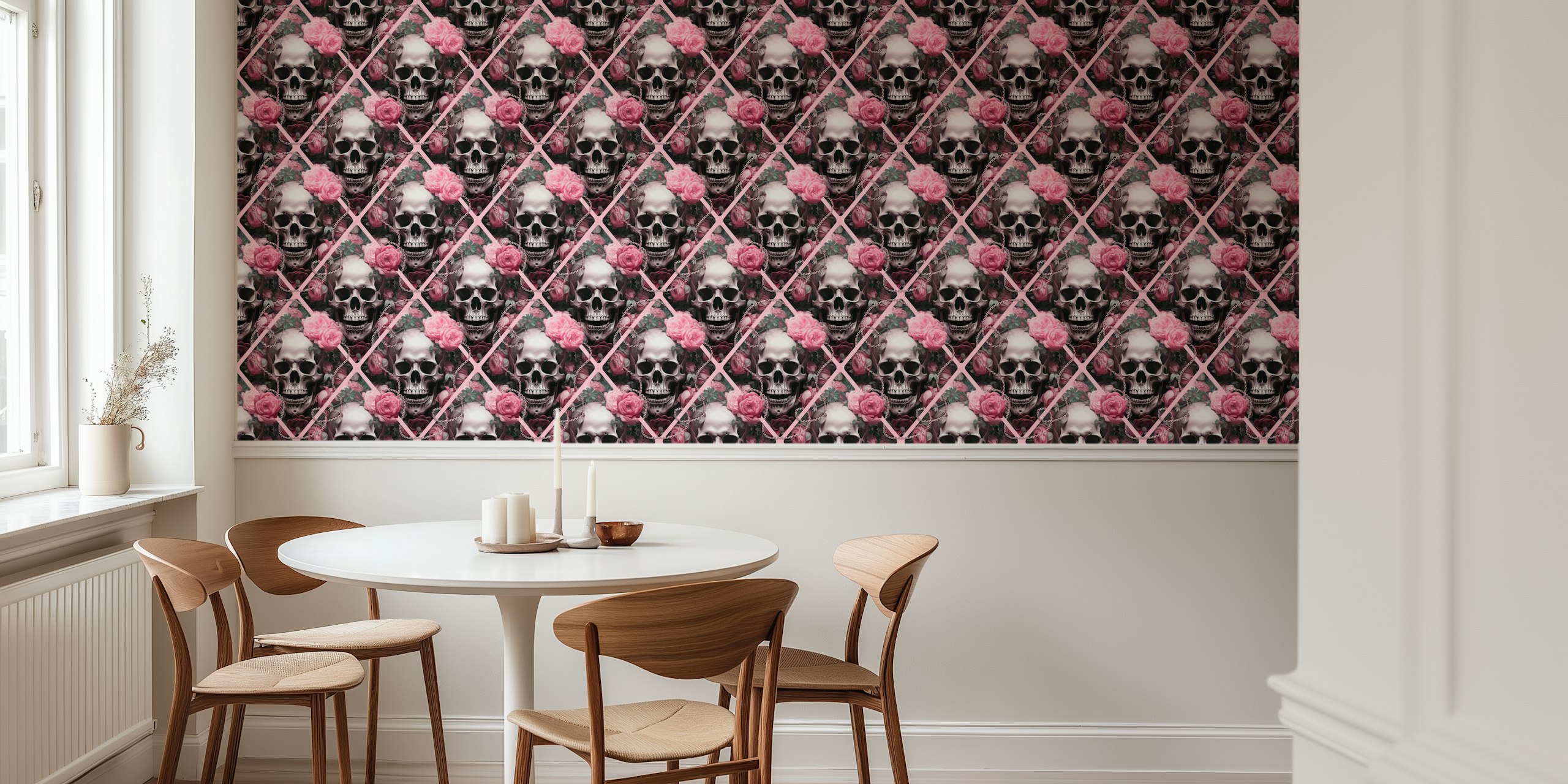 Gothic romance wall mural featuring skulls and pink roses pattern