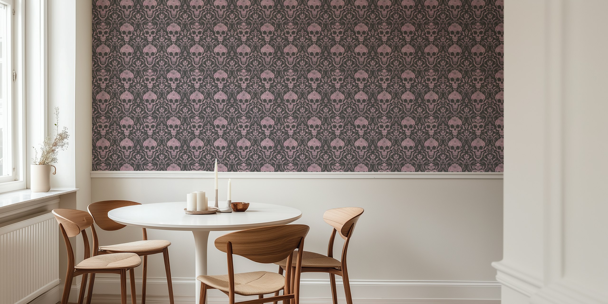 Gothic skull damask pattern in pastel pink and dark shades wallpaper