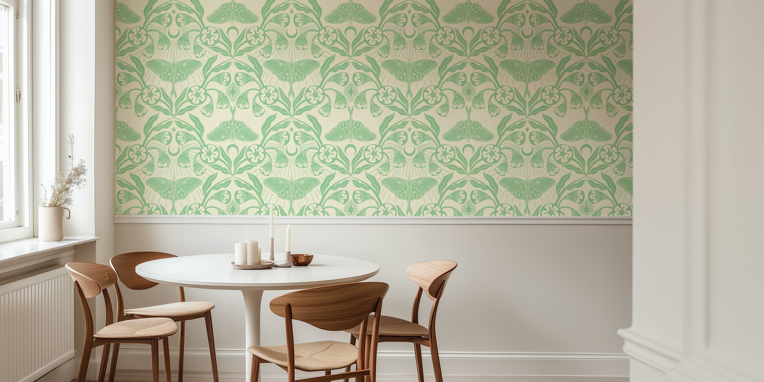 Luna moth and moonflowers in green floral wallpaper