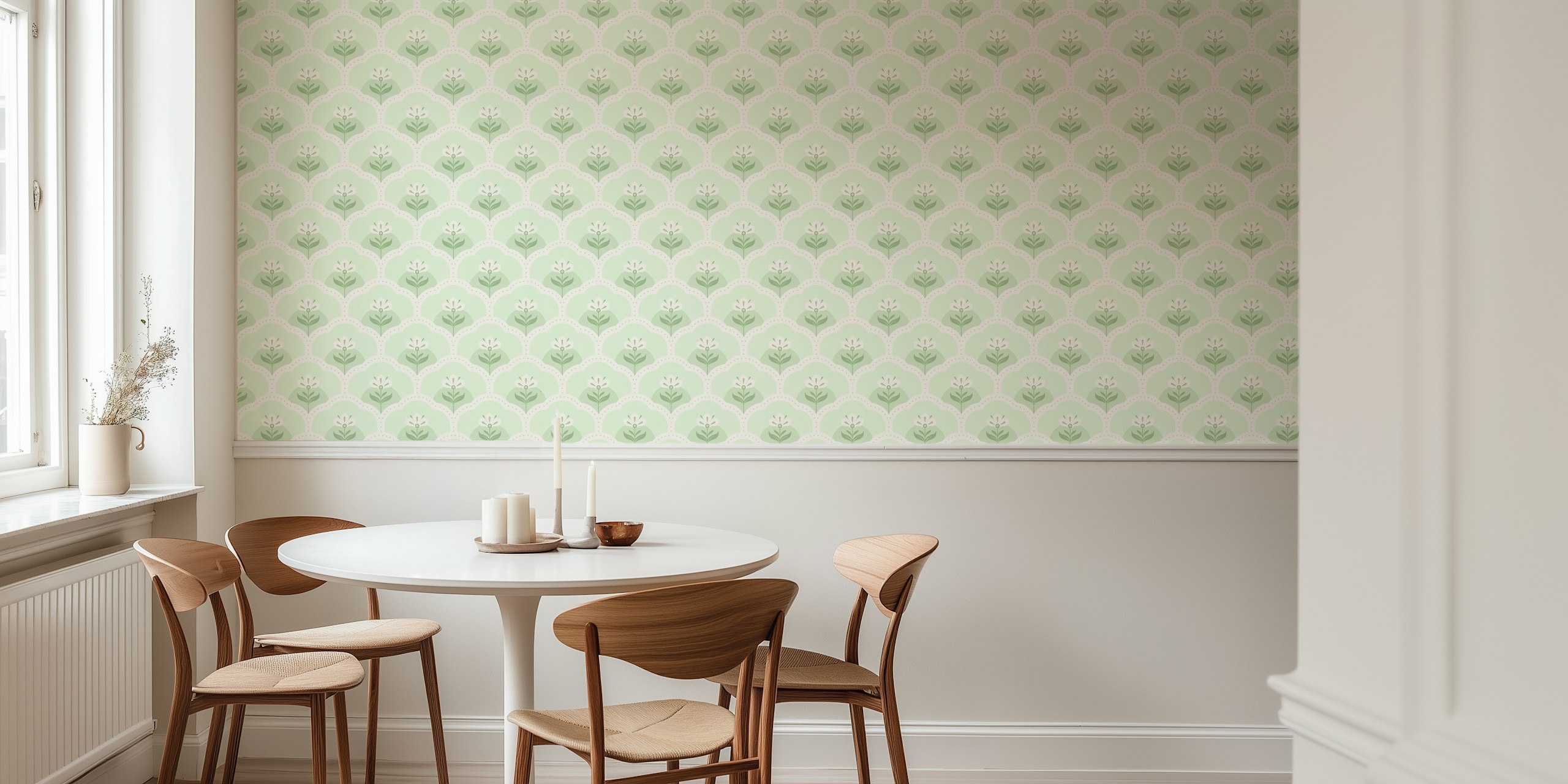 Light green scallop pattern with floral elements wallpaper