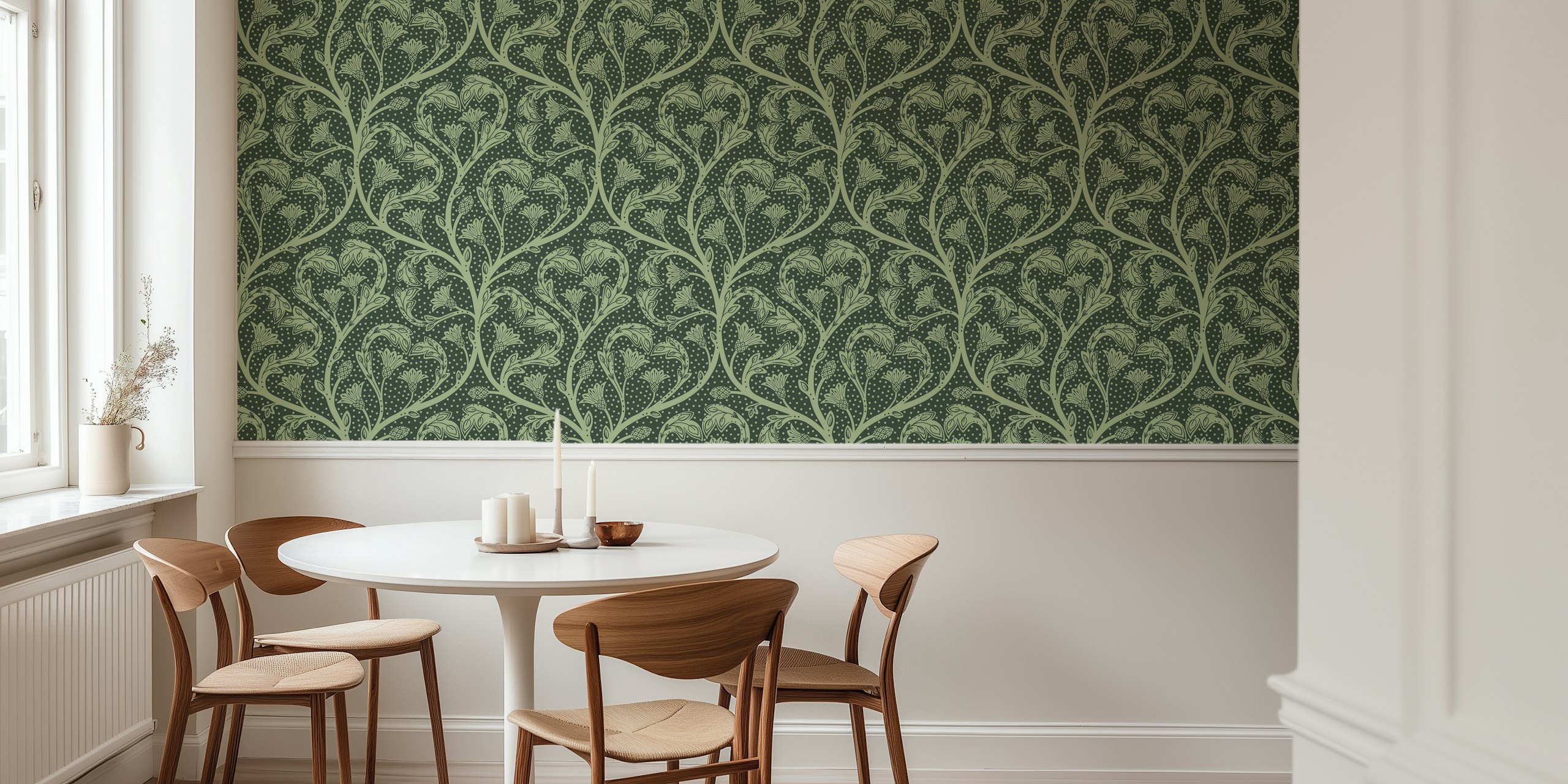 Floral dandelion patterns in dark green and light green wallpaper
