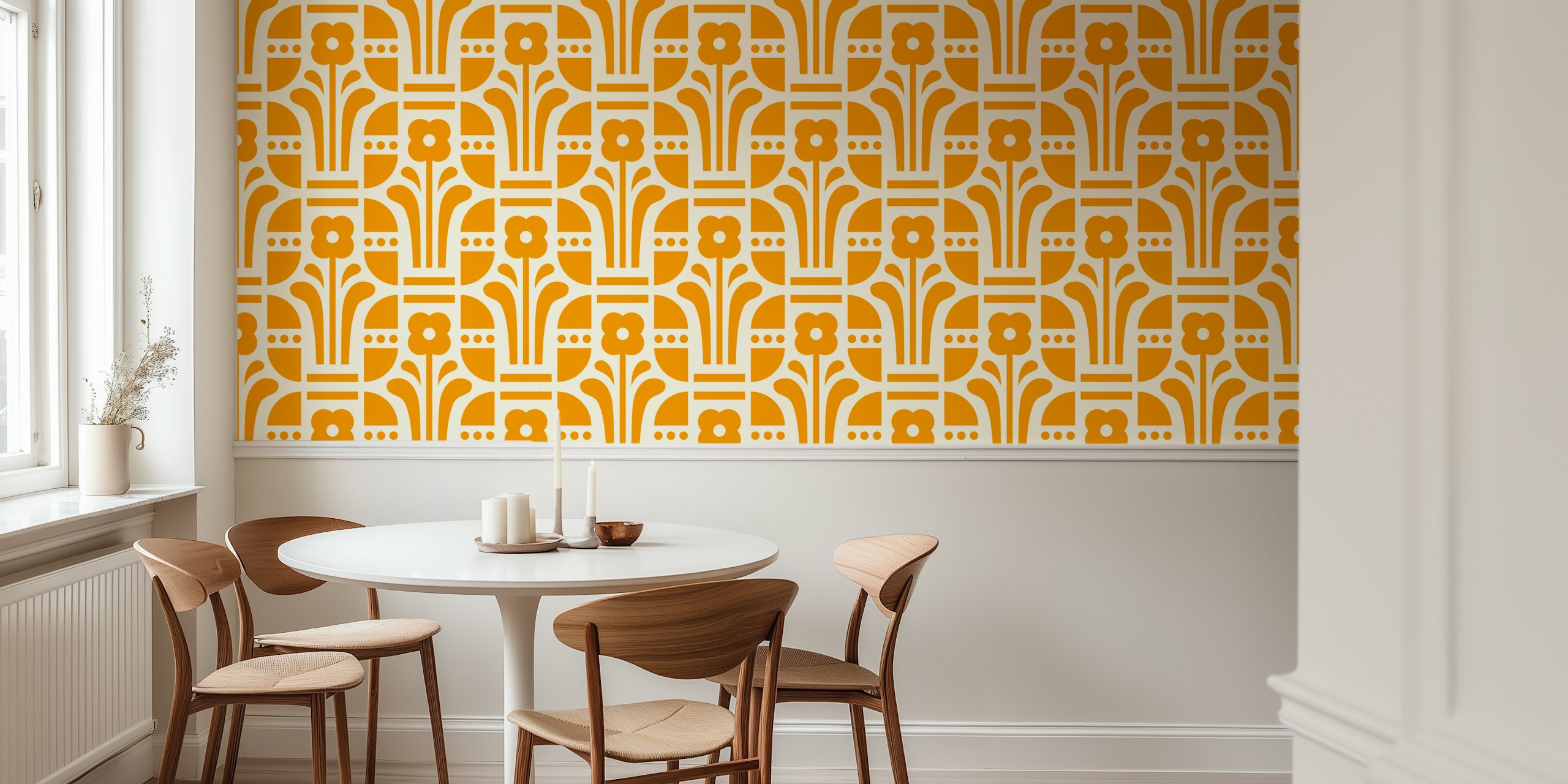Geometric folk daisies Tapete in einem Raum
