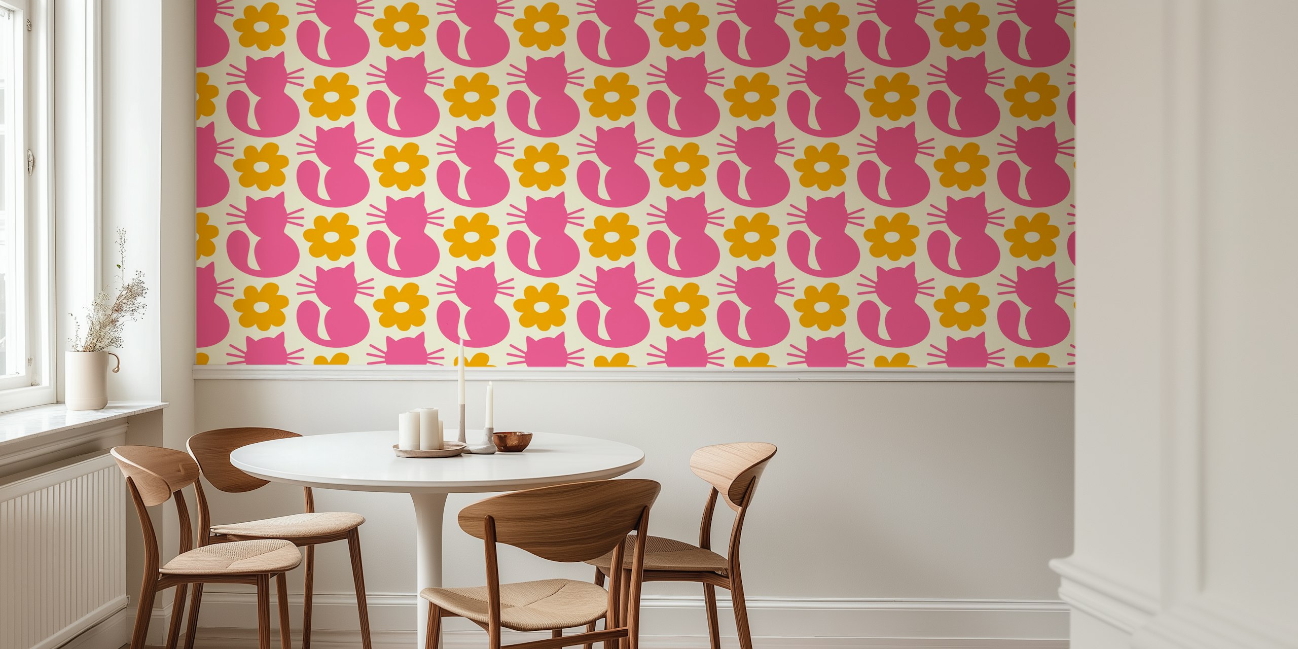 Pink cat shapes and yellow flowers on cream background wallpaper