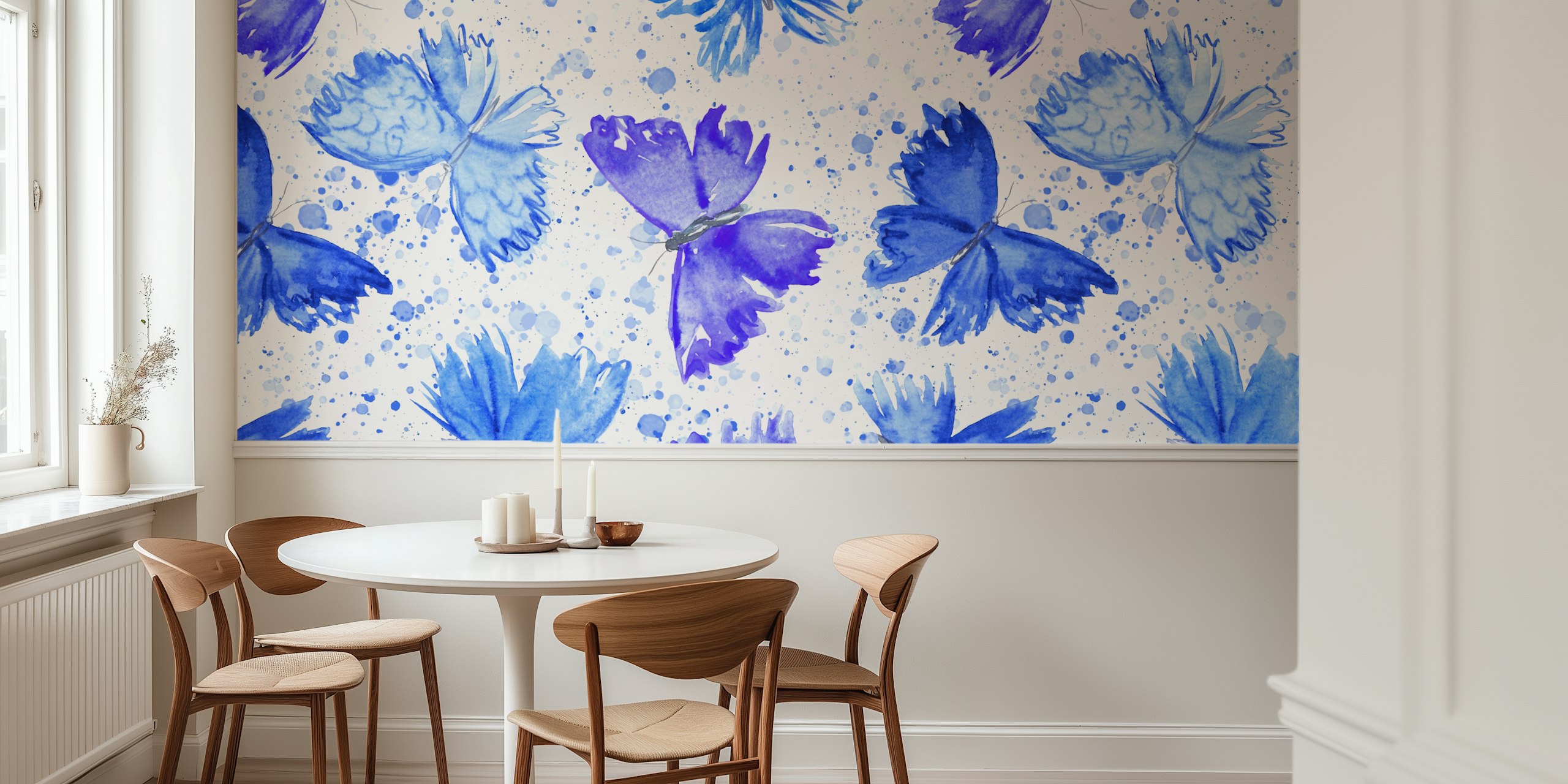 Watercolor butterflies in shades of blue with white background wallpaper