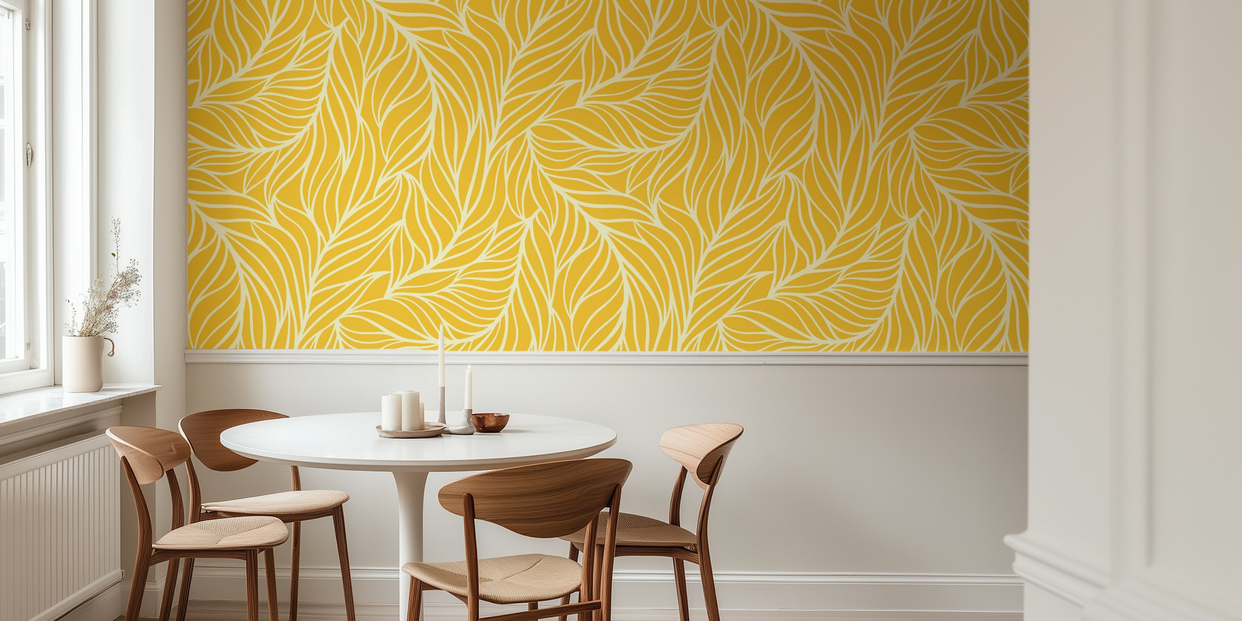 Minimalist flowing leaves sunny yellow behangontwerp