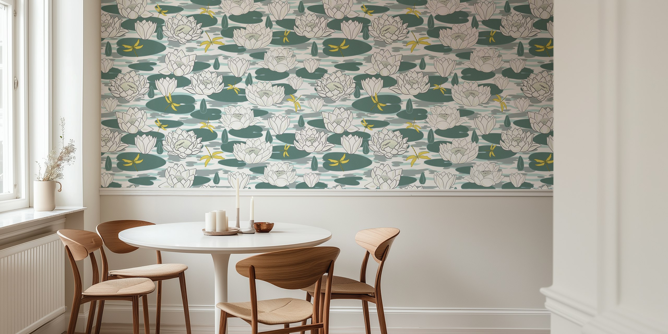 Water lily flowers in various sizes, soft green and white colors, floral wallpaper