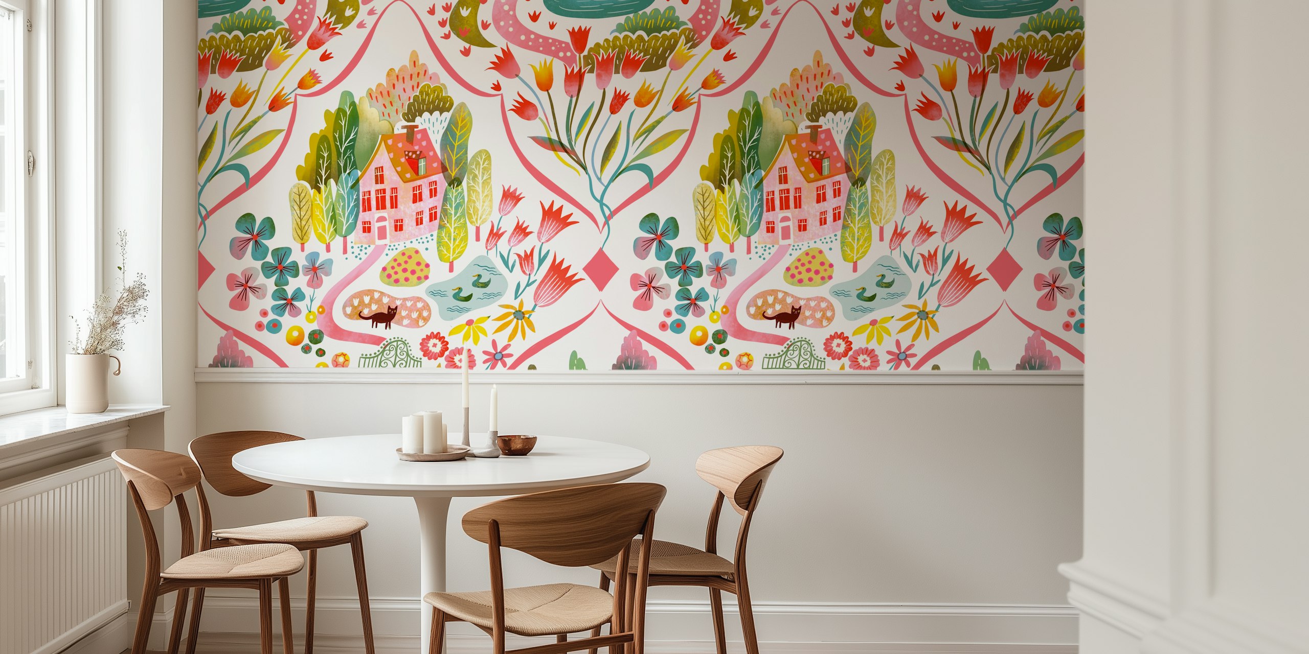 Blooming garden houses wallpaper in a room