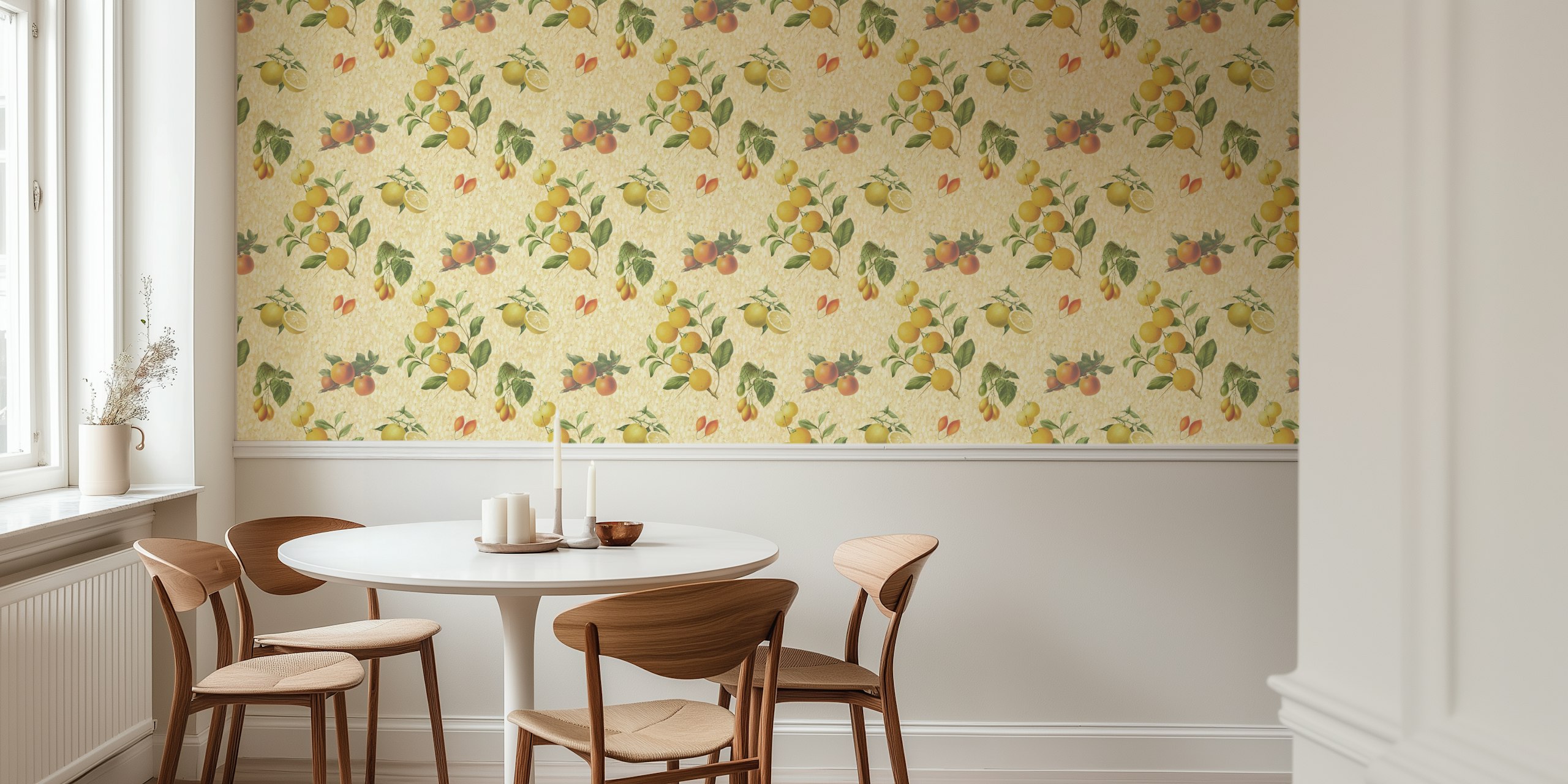 Vintage lemon wallpaper in a bright room