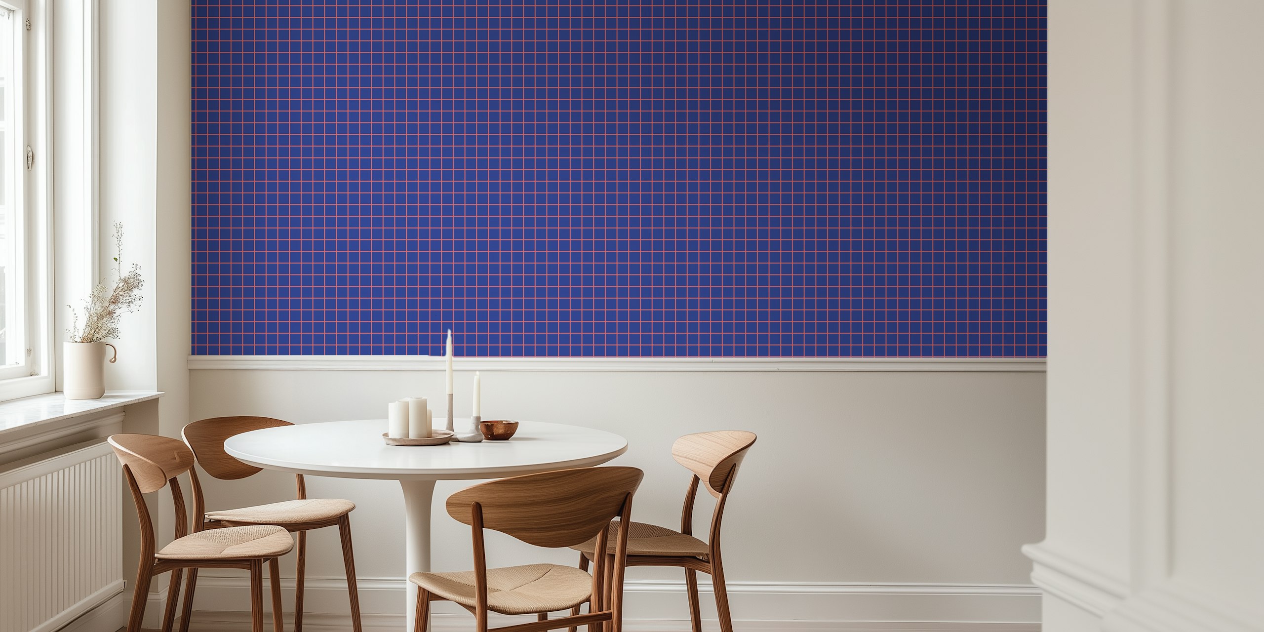 Geometric grid pattern wallpaper in navy blue and coral colors.