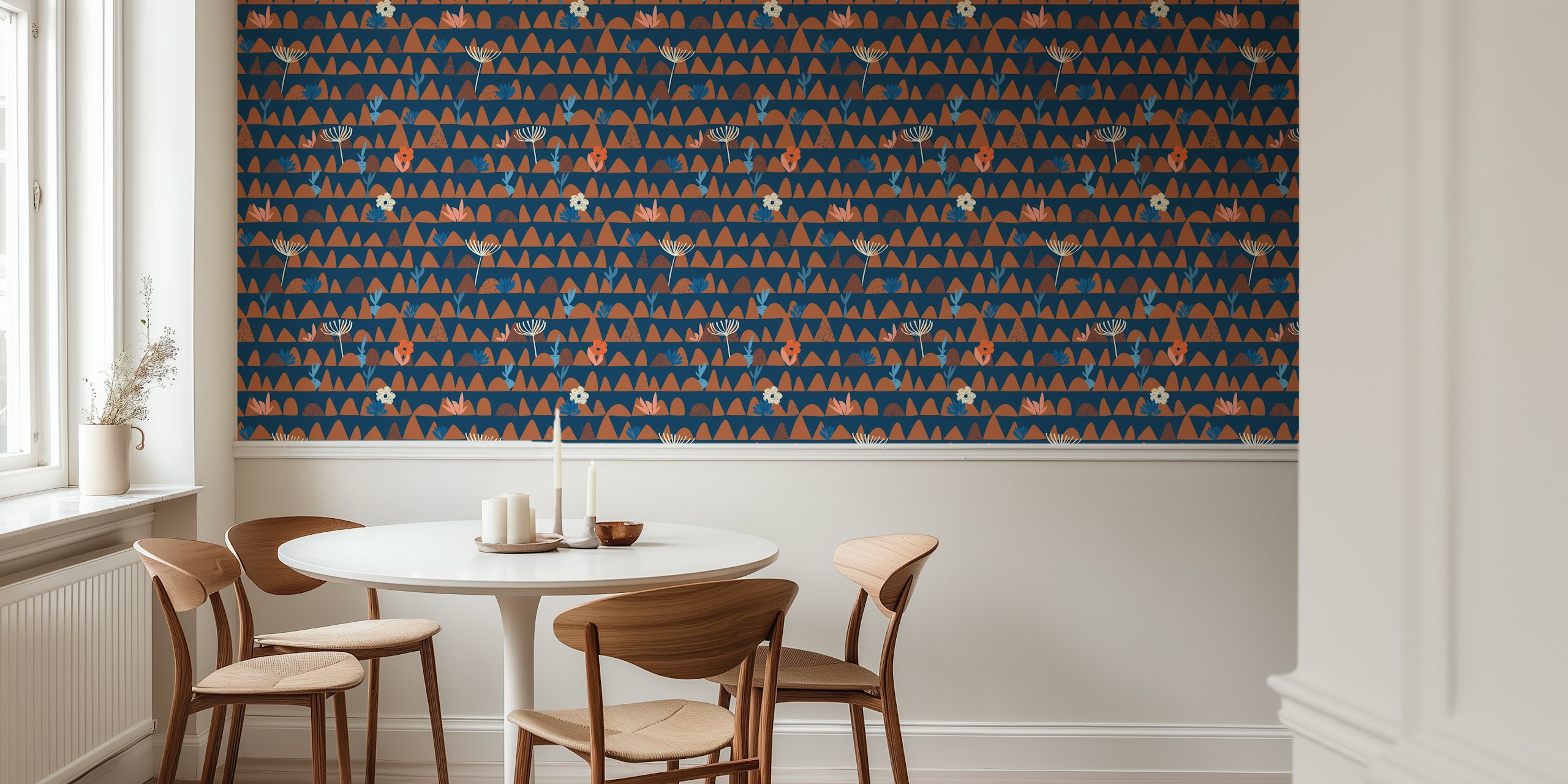 Dark blue wallpaper featuring floral motifs and mountain shapes in earthy tones