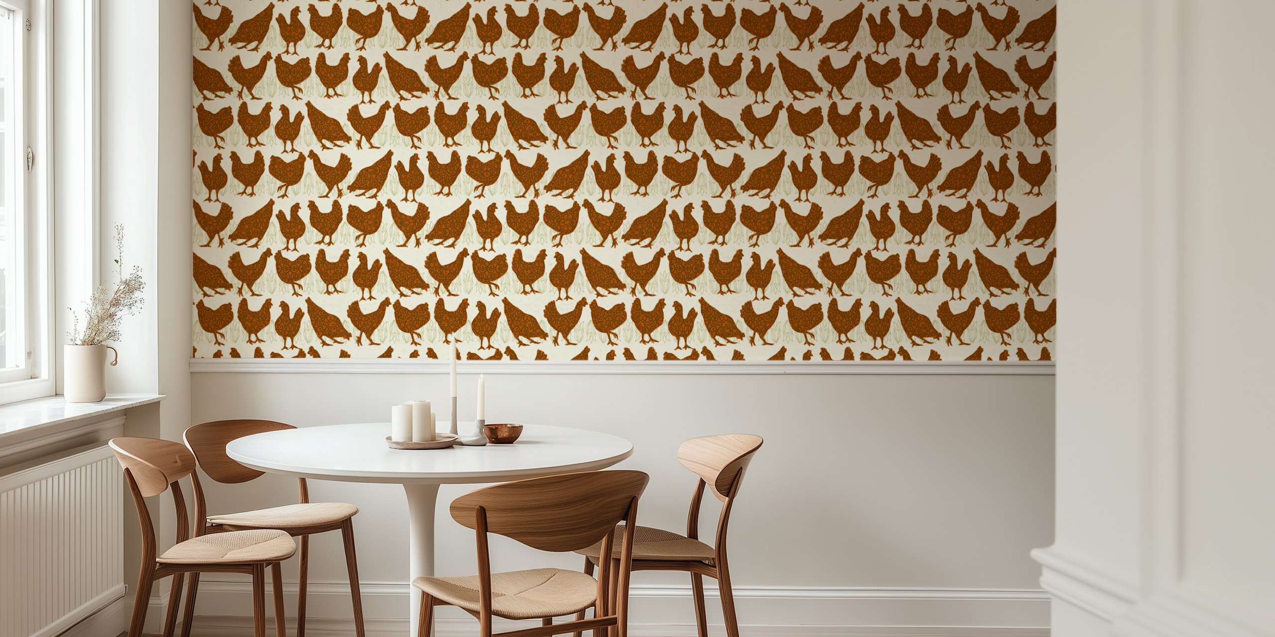 Red hens wallpaper design in a room