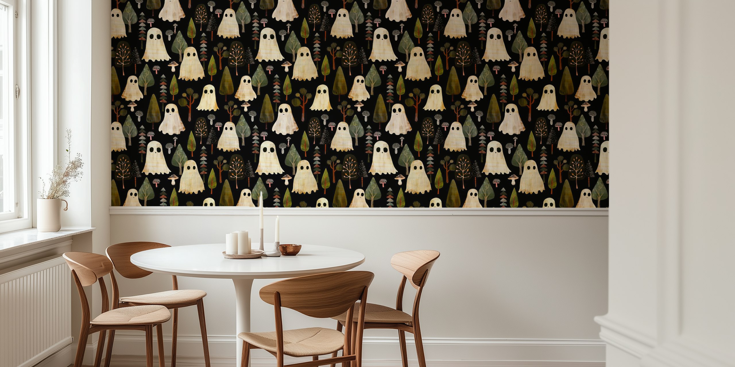 Cute ghosts and trees on black background wallpaper