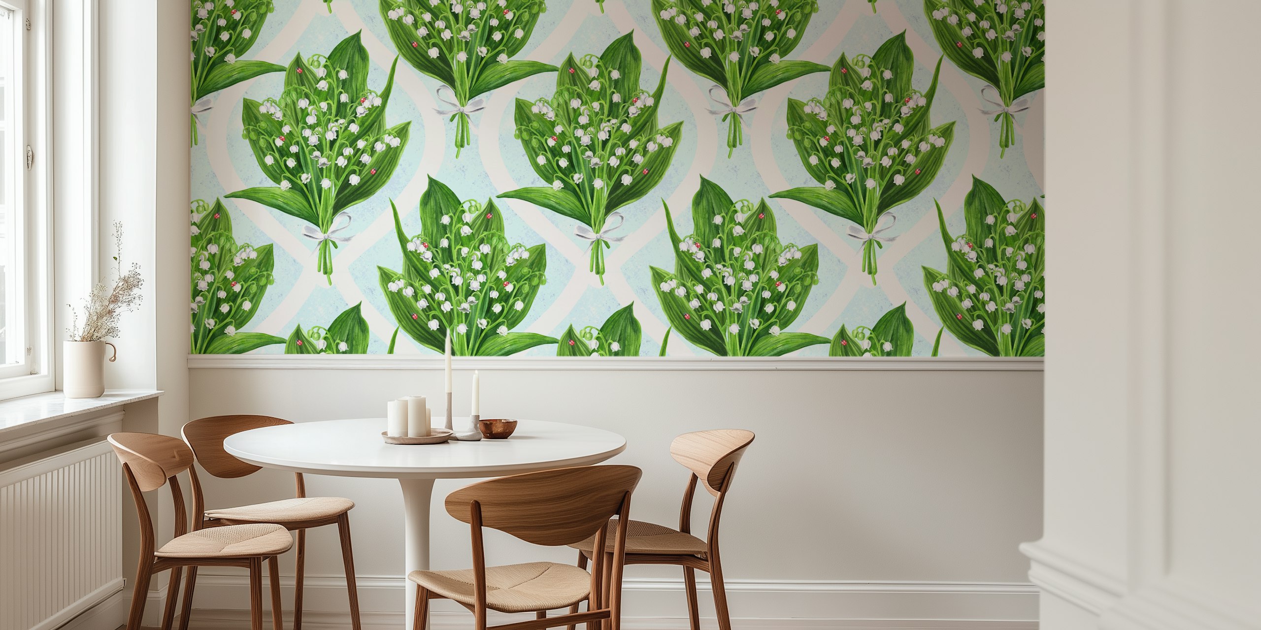 Bouquet of lily of the valley wall mural on a blue background
