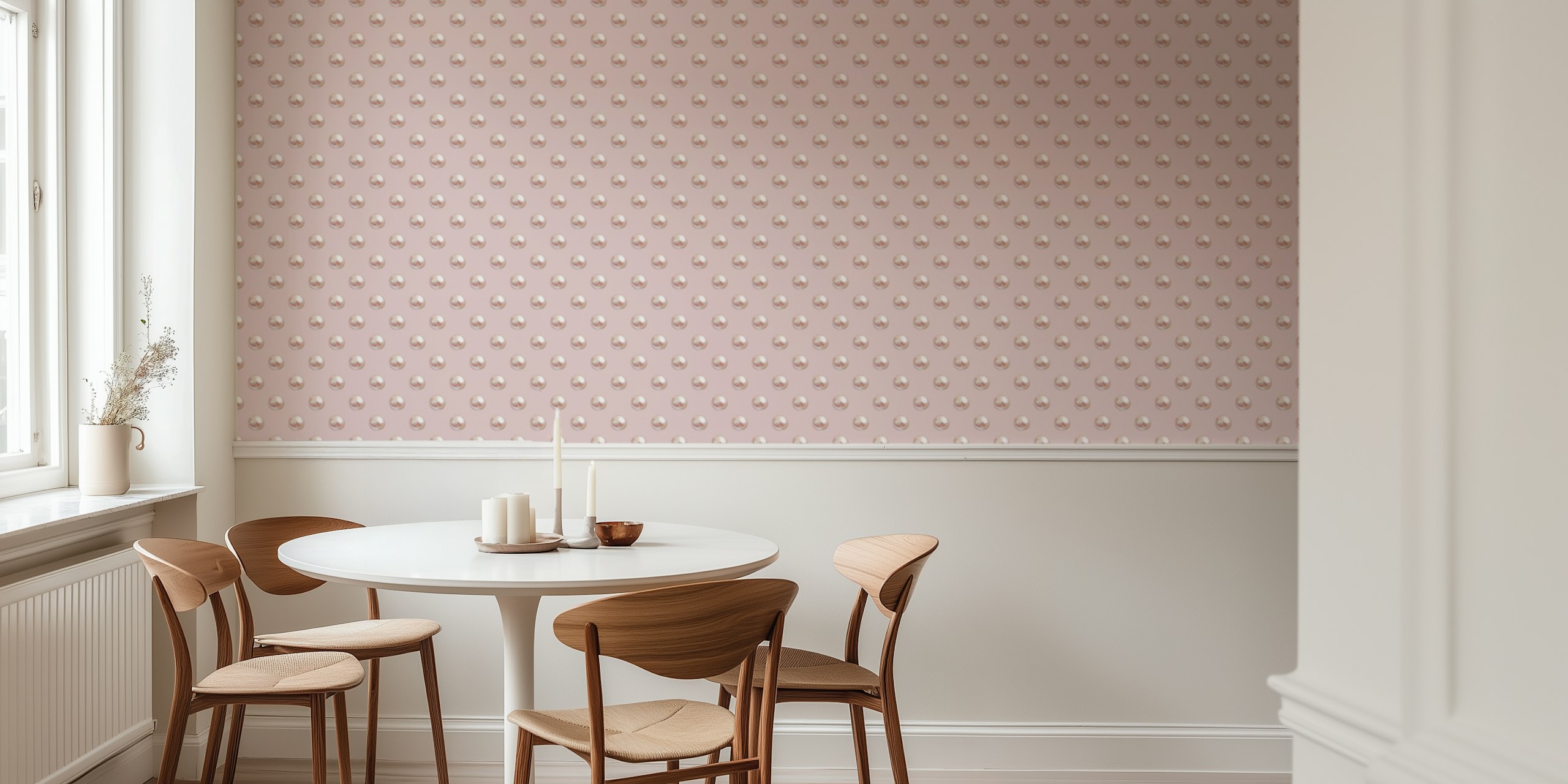Mural de parede Pearl Polka Dots 2 com fundo rosa blush e bolinhas com efeito pérola.