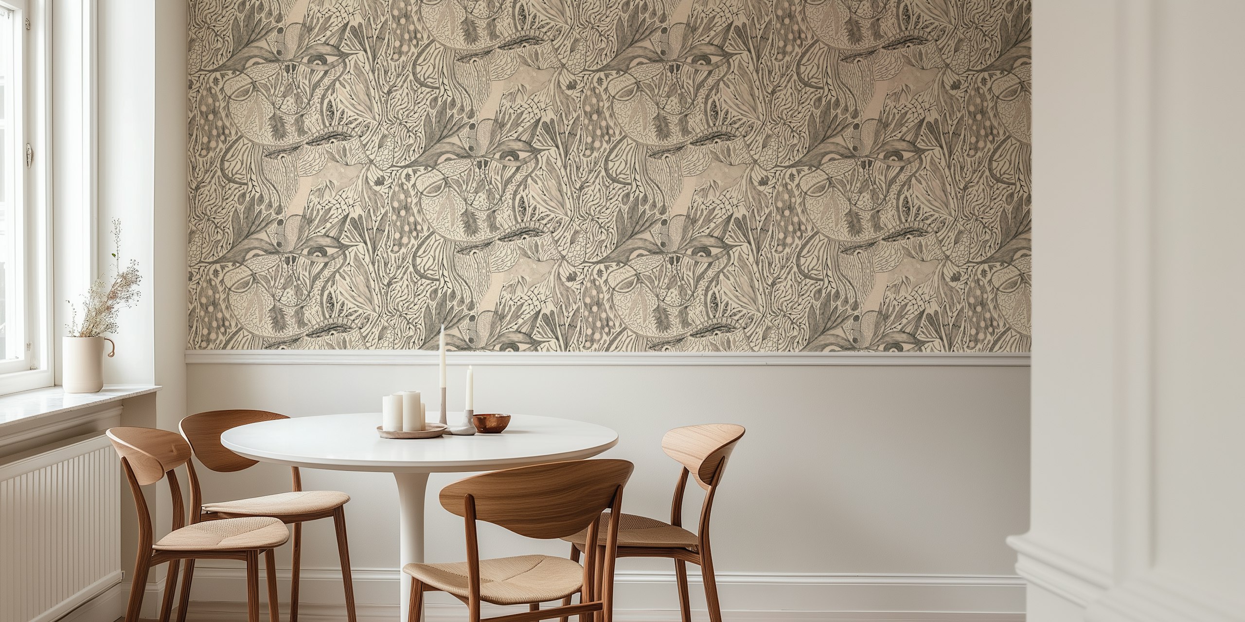 Intricate neutral abstract patterns in black and beige wallpaper
