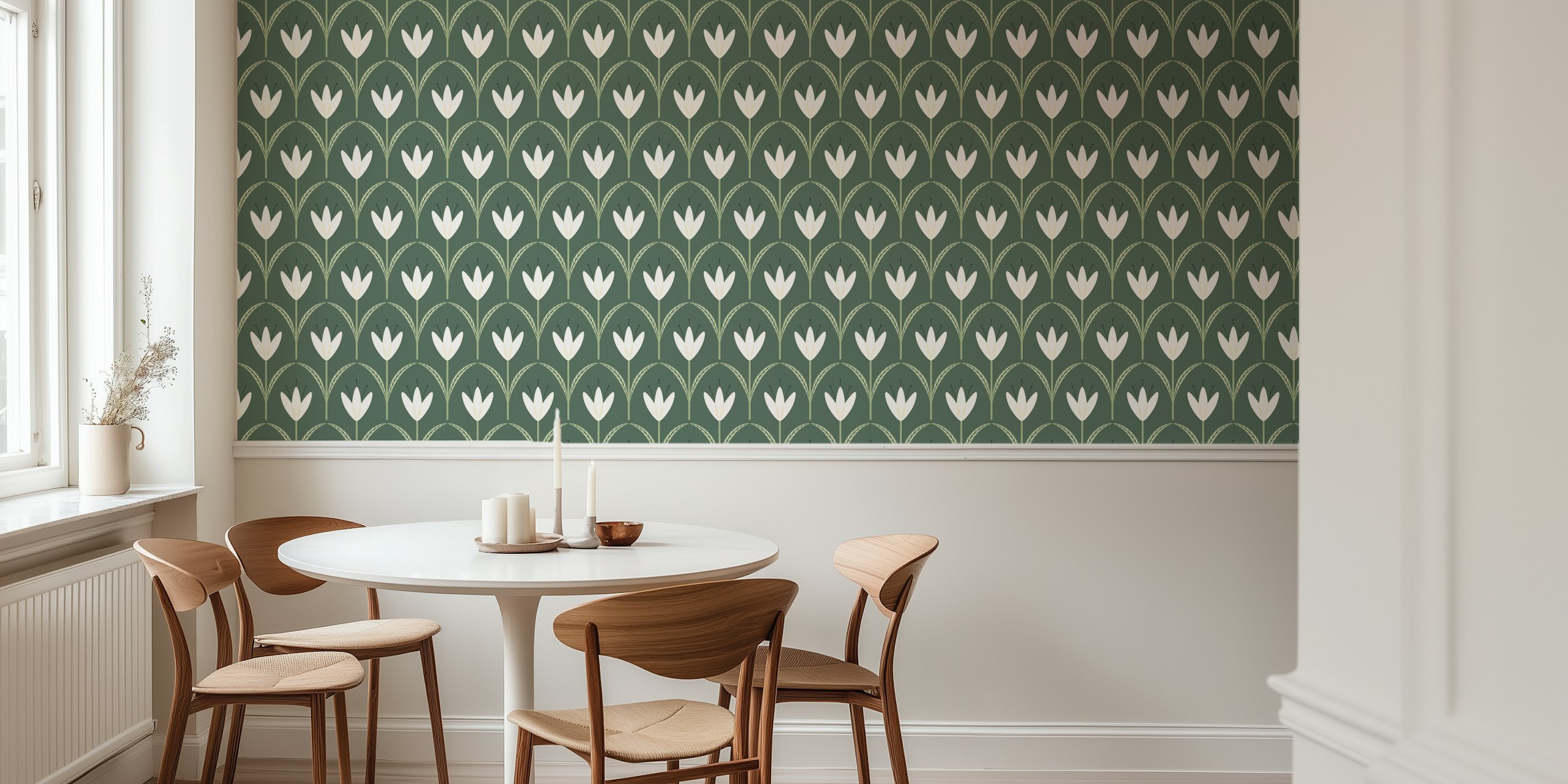 Papel pintado floral minimalista con flores blancas Classical simple flowers sage small