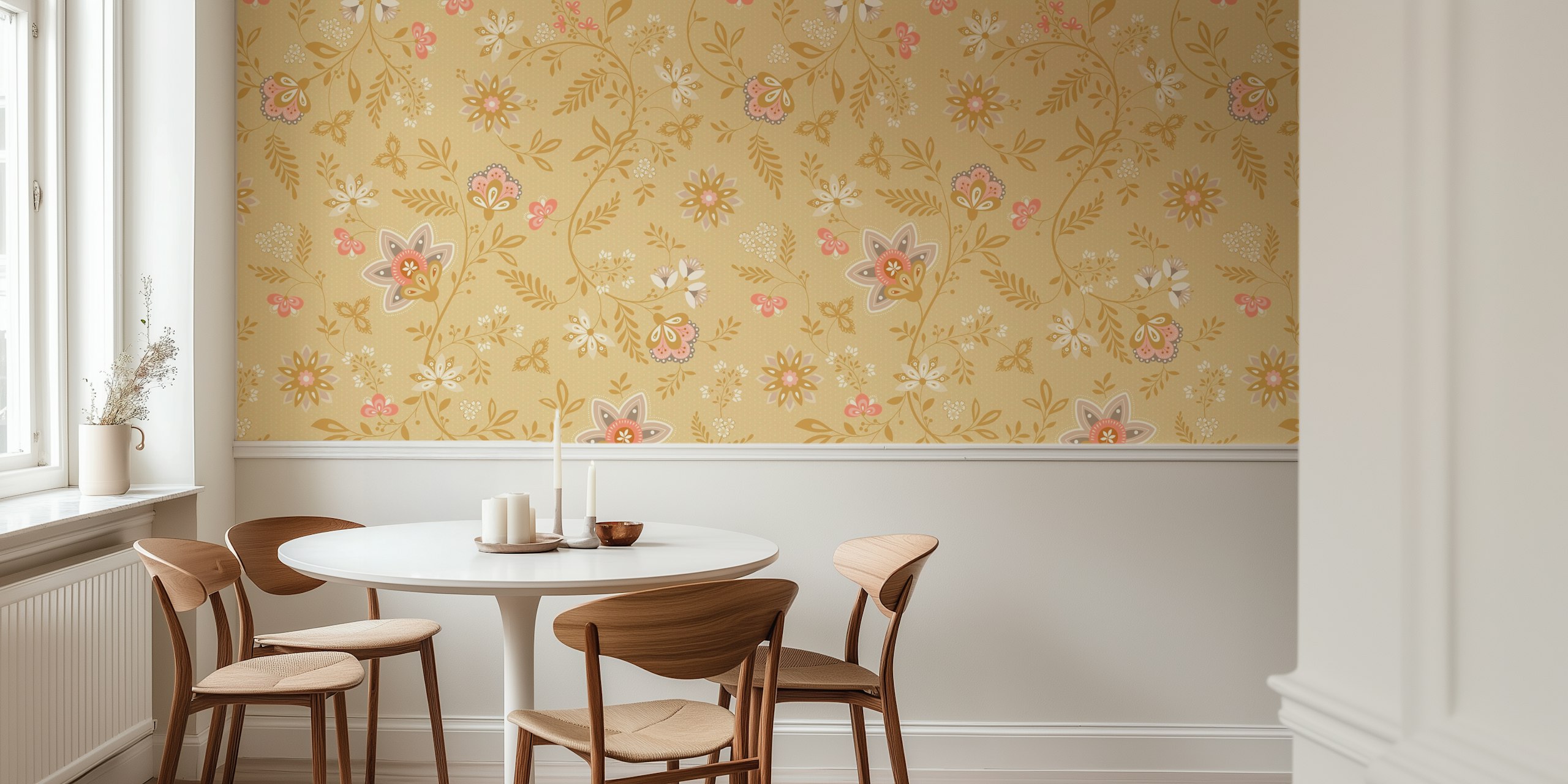 Beige floral wallpaper featuring vintage pink and white flowers with green leaves