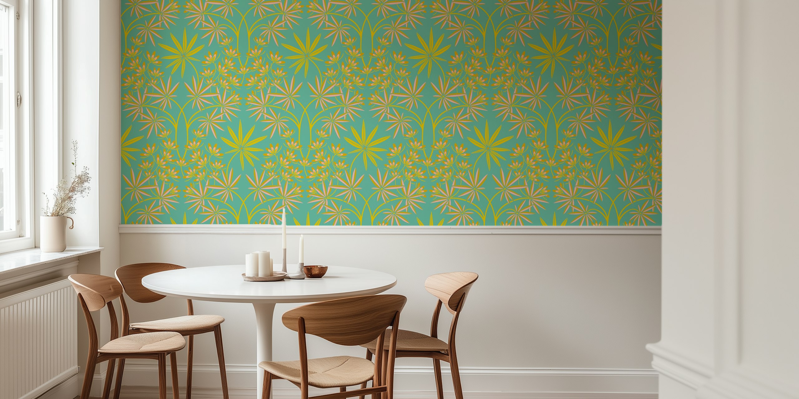 Papier peint mural à motif damassé floral tropical en turquoise