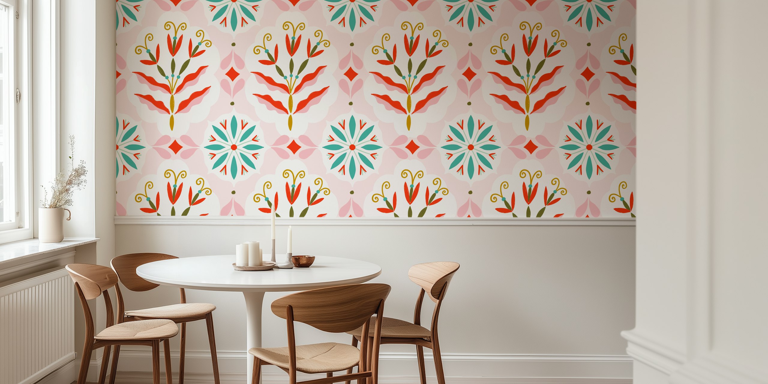 Floral damask wallpaper in pink, red, and teal colors featuring a cotton candy design.