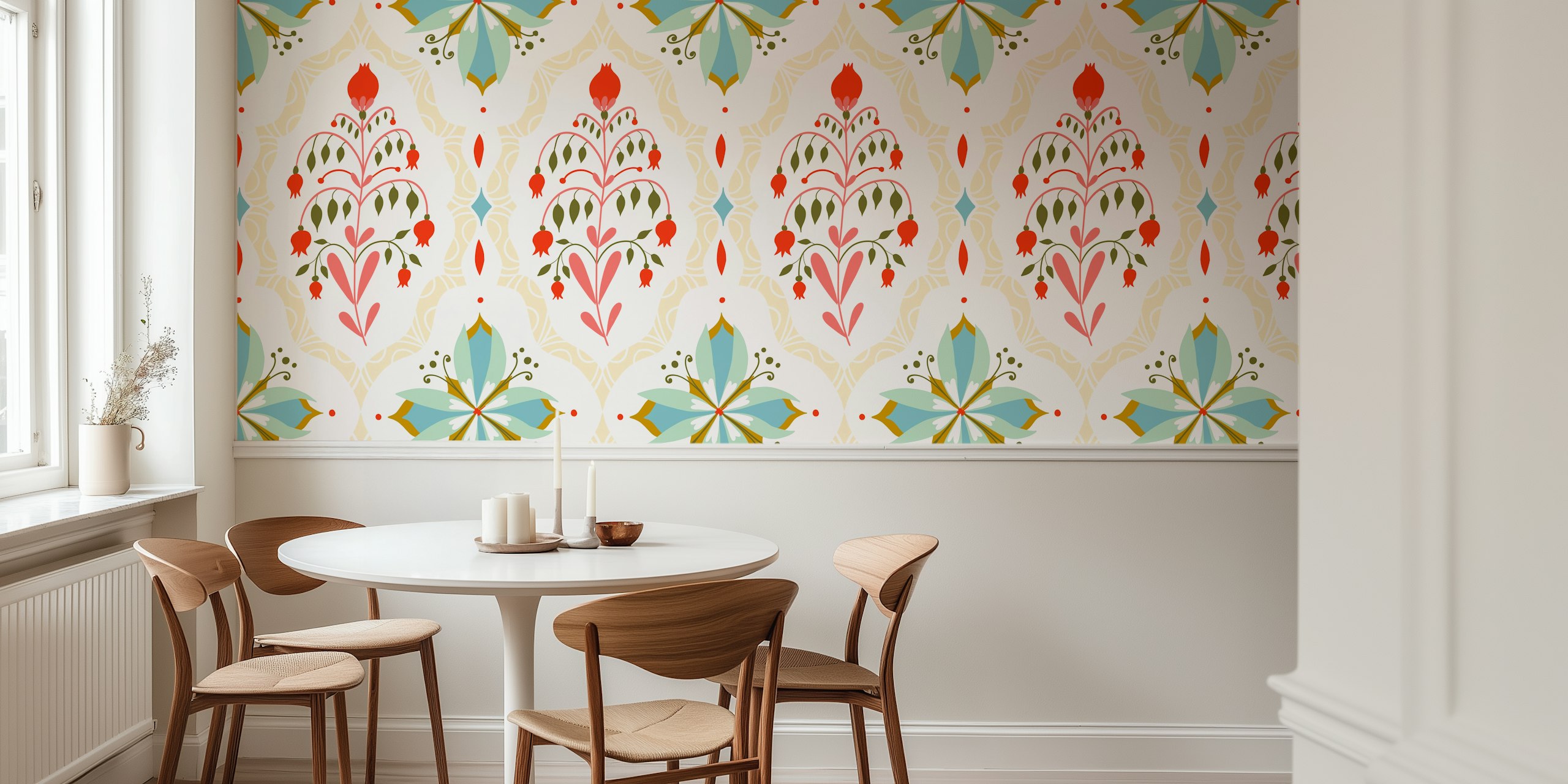 Colorful floral damask pattern wallpaper in shades of red and green