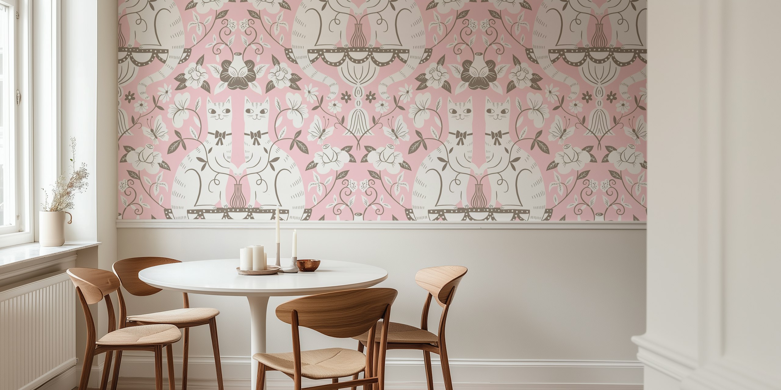 Damask romantic cats wallpaper in a room