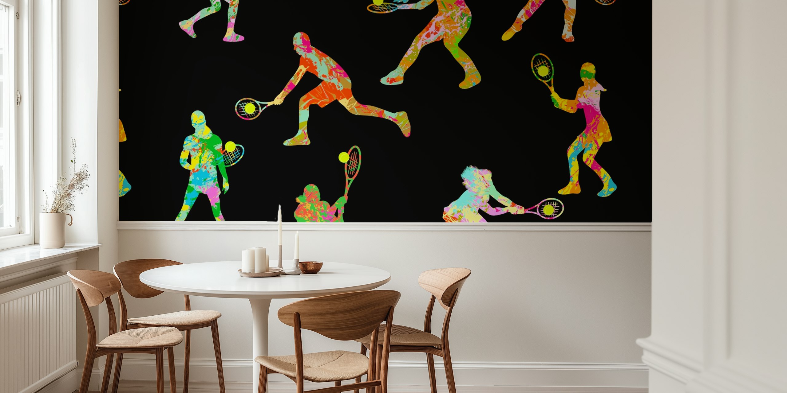 Tennis players silhouette in vibrant colors against black background wallpaper