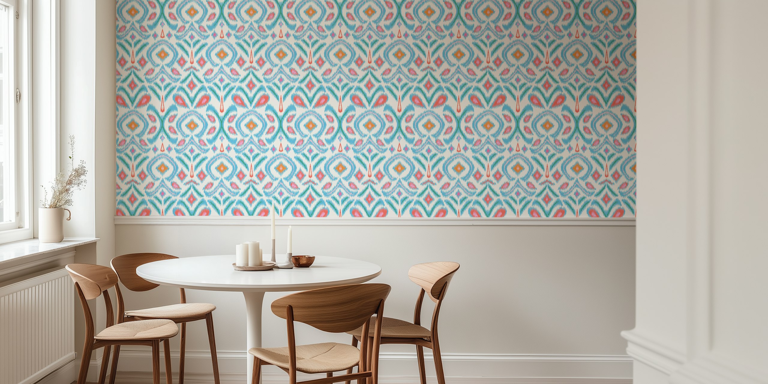 Colorful ikat floral patterns in blue, pink, and green wallpaper