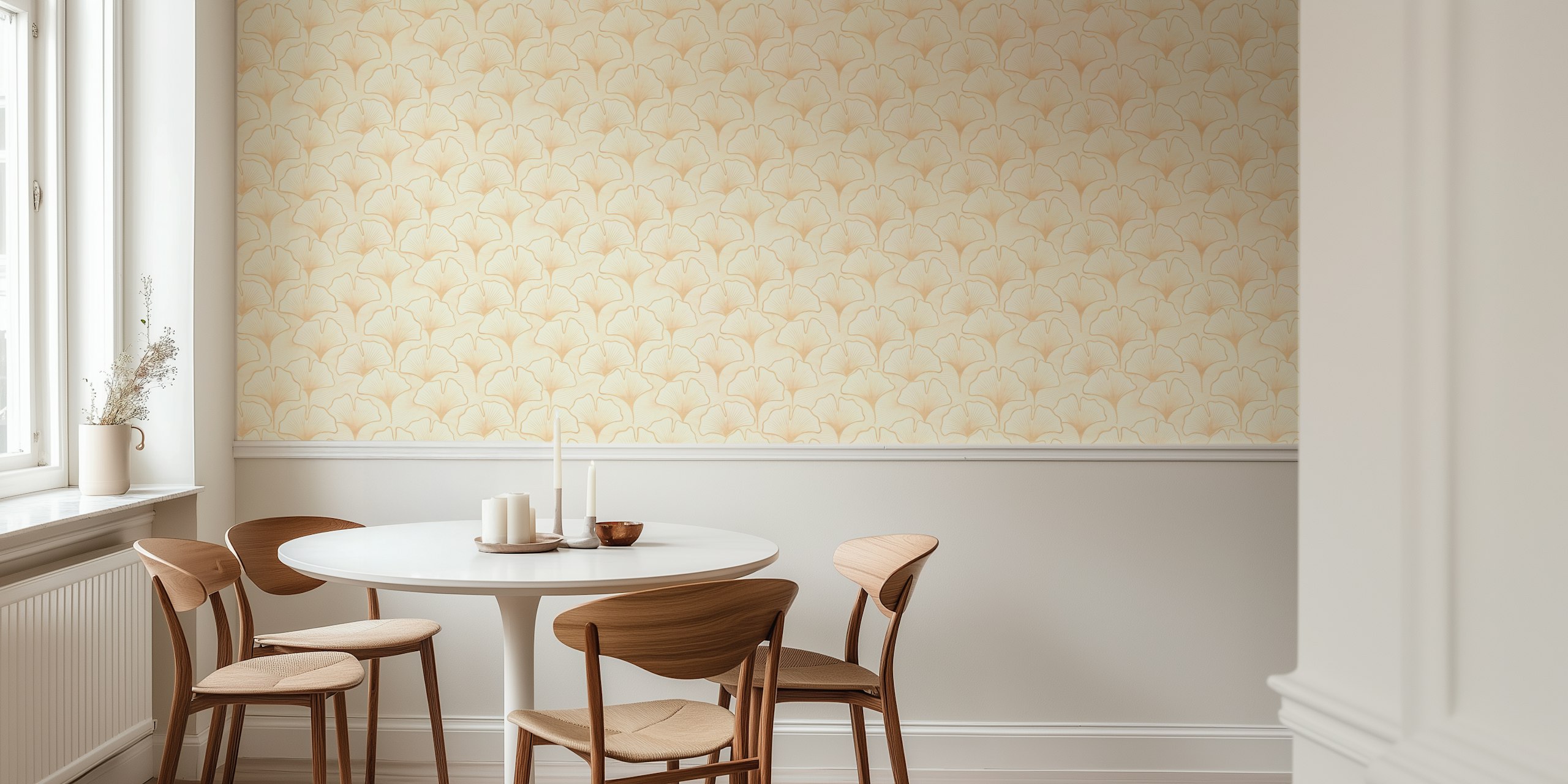 Stylized ginkgo leaves pattern in beige wallpaper