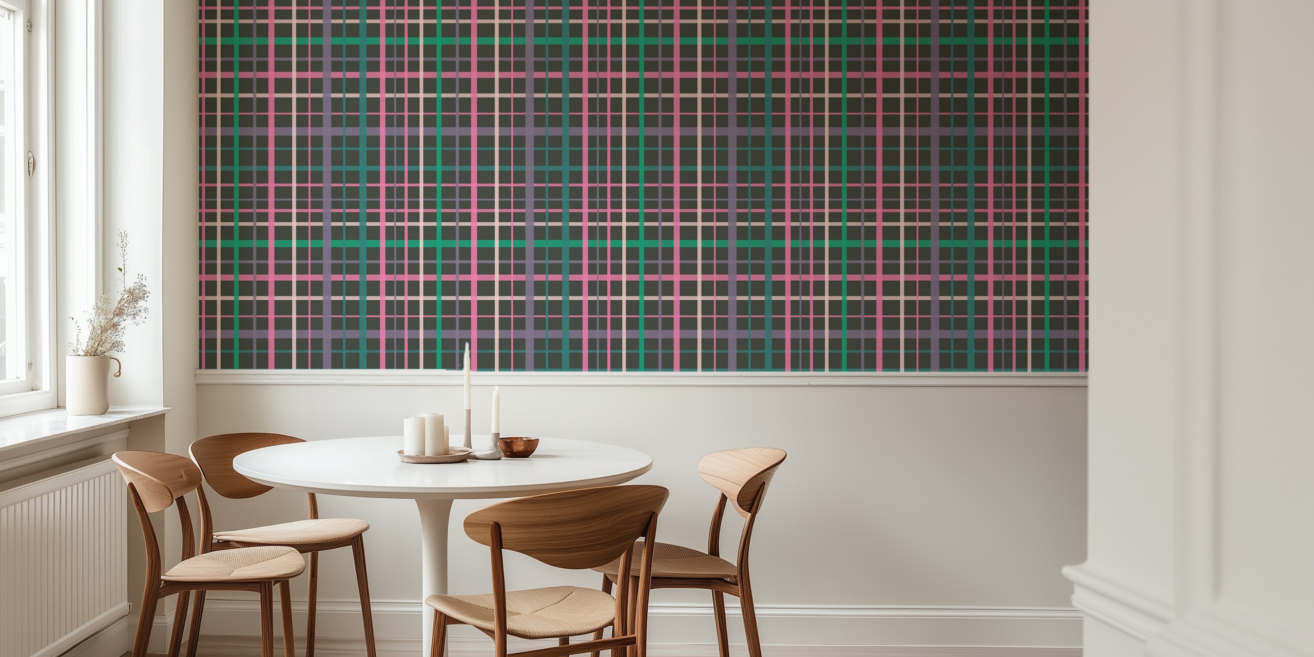 Moderne Mitternachts-Gingham-Wandgemälde in Lila und Grün
