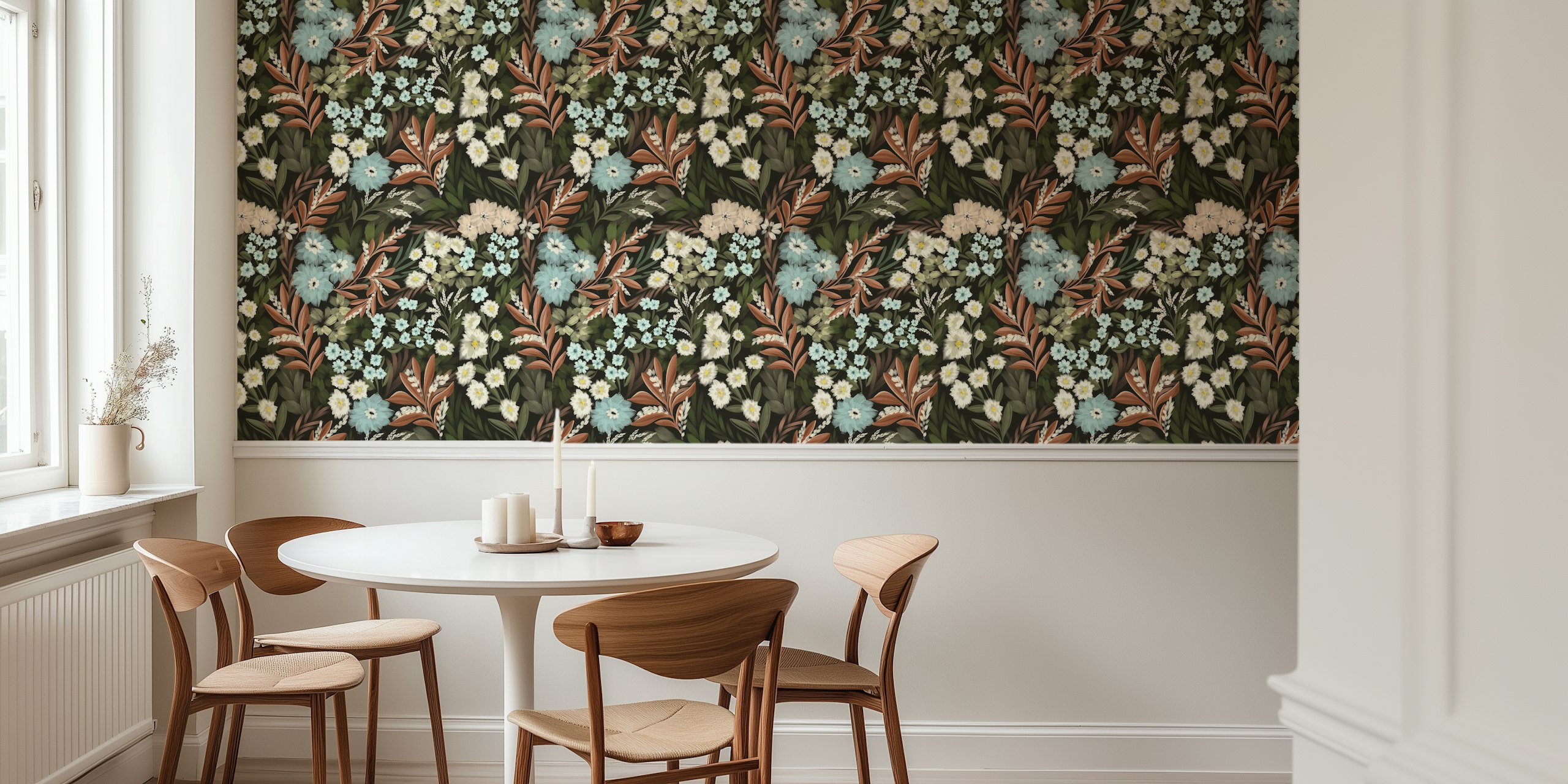 Forest floral and fauna wallpaper displayed in a room