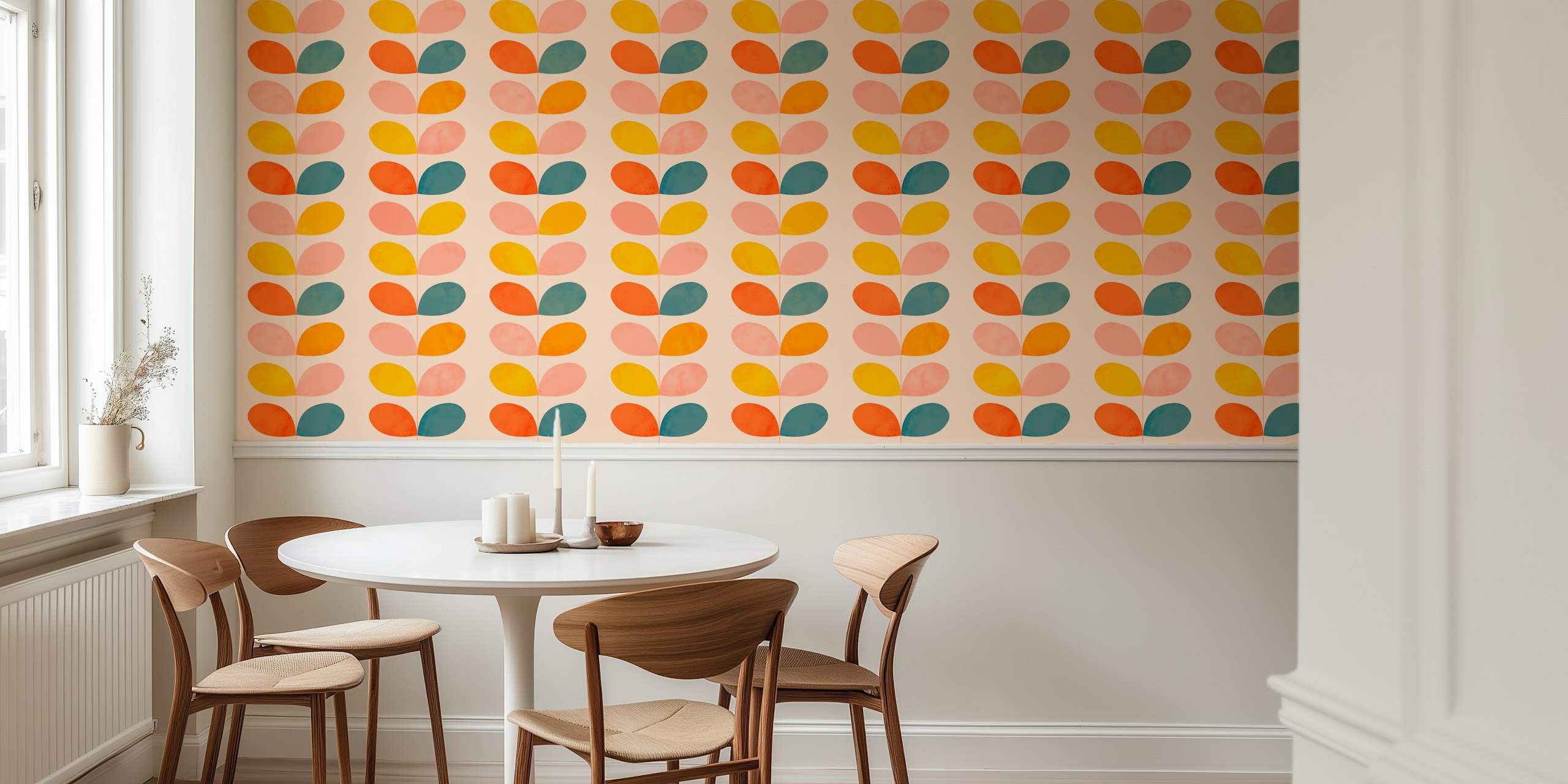 Mid-century leaves pattern in blush, orange, and teal wallpaper