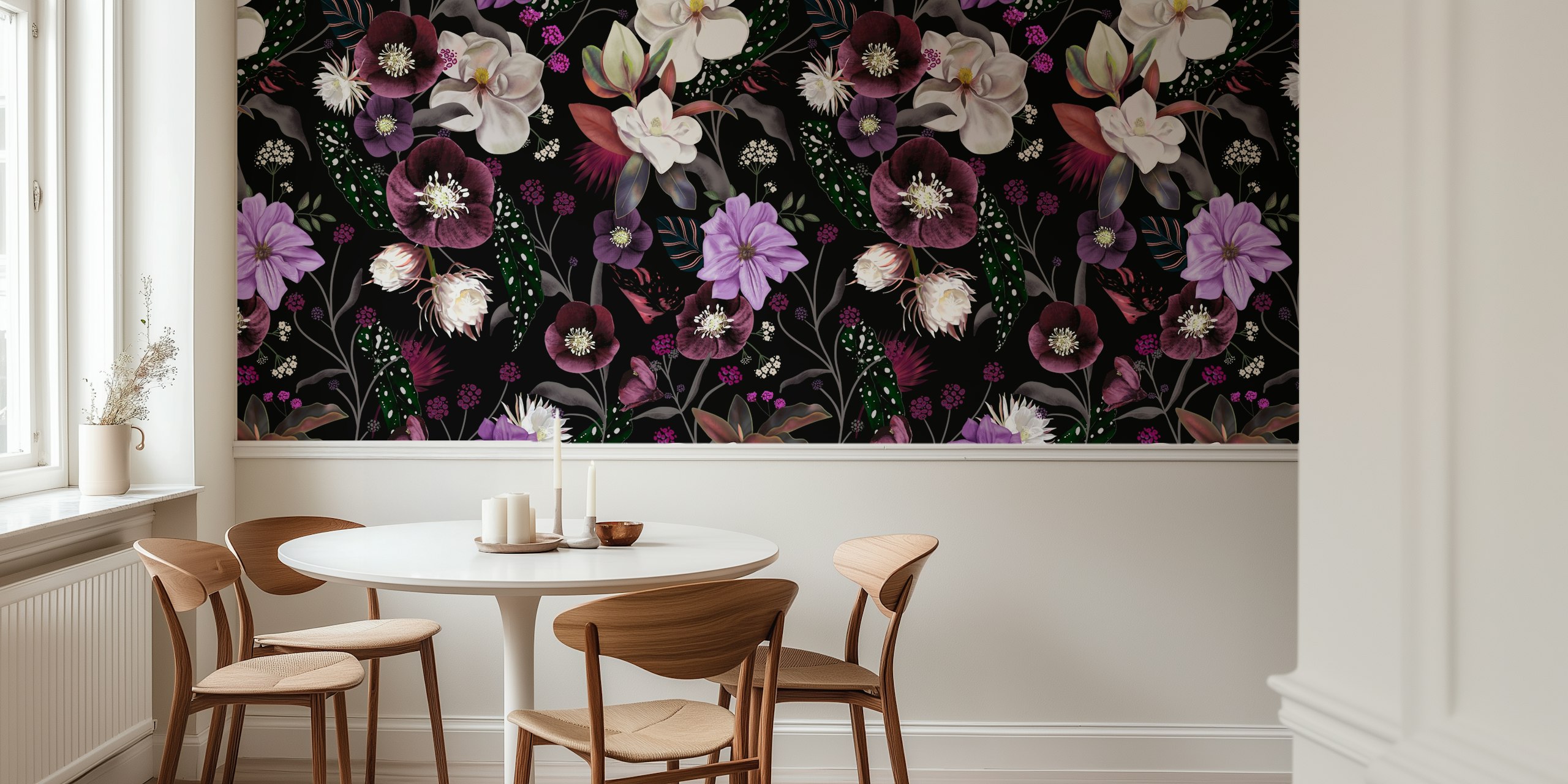 Black floral wallpaper featuring orchids and purple flowers with delicate leaves and stems
