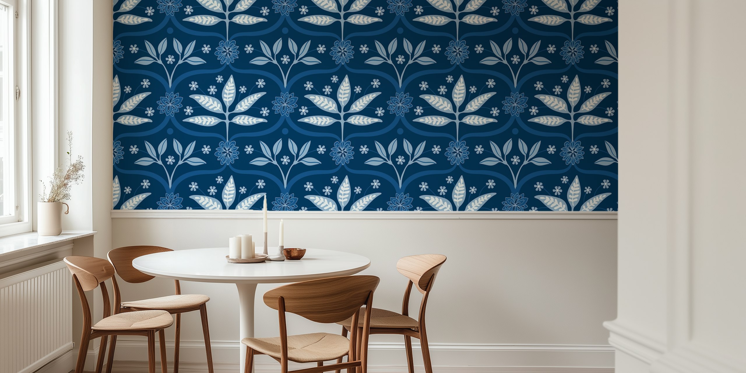 Blue floral damask wallpaper with leaves and flowers