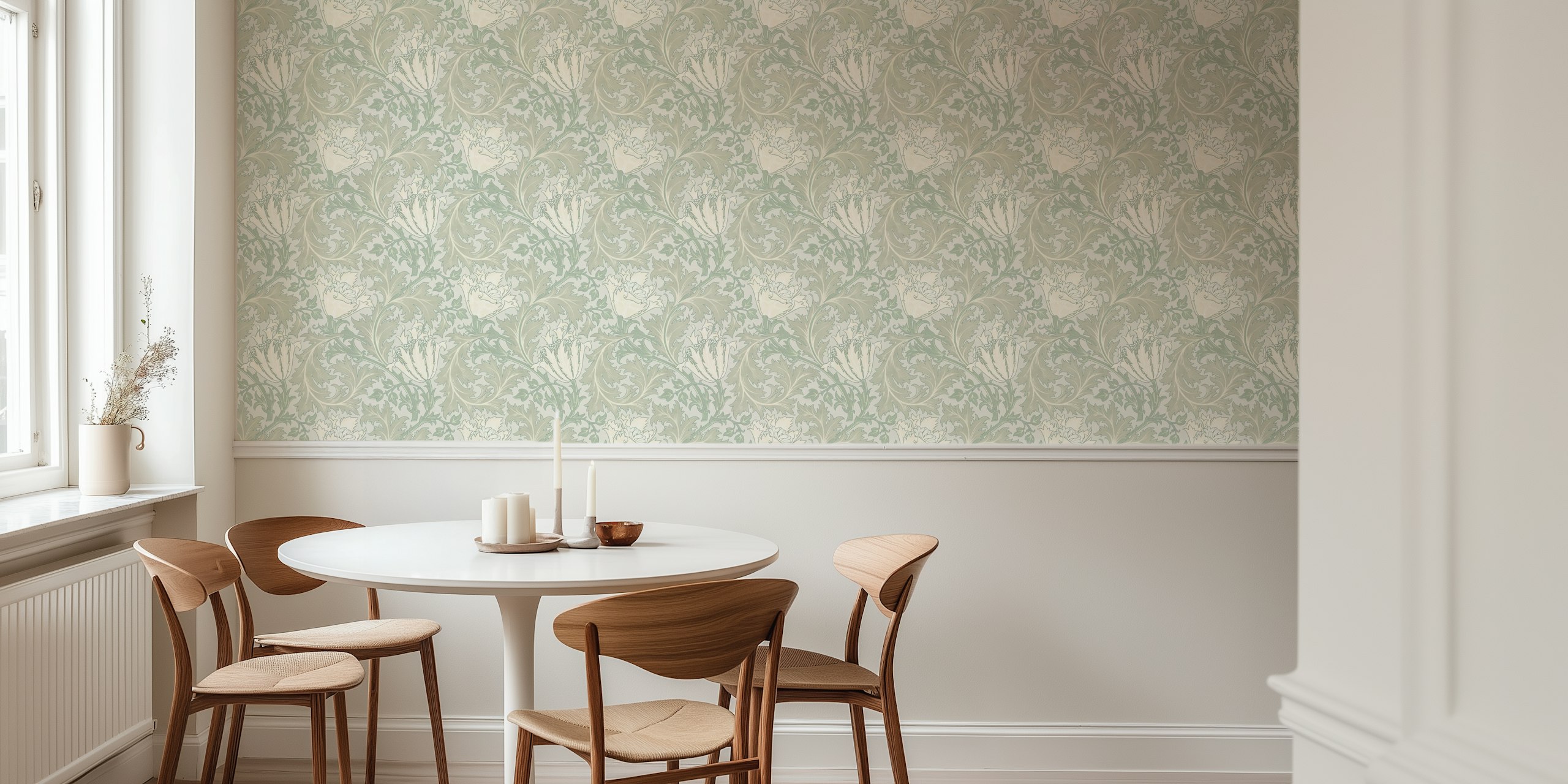 Floral design with pistachio green and cream leaves wallpaper