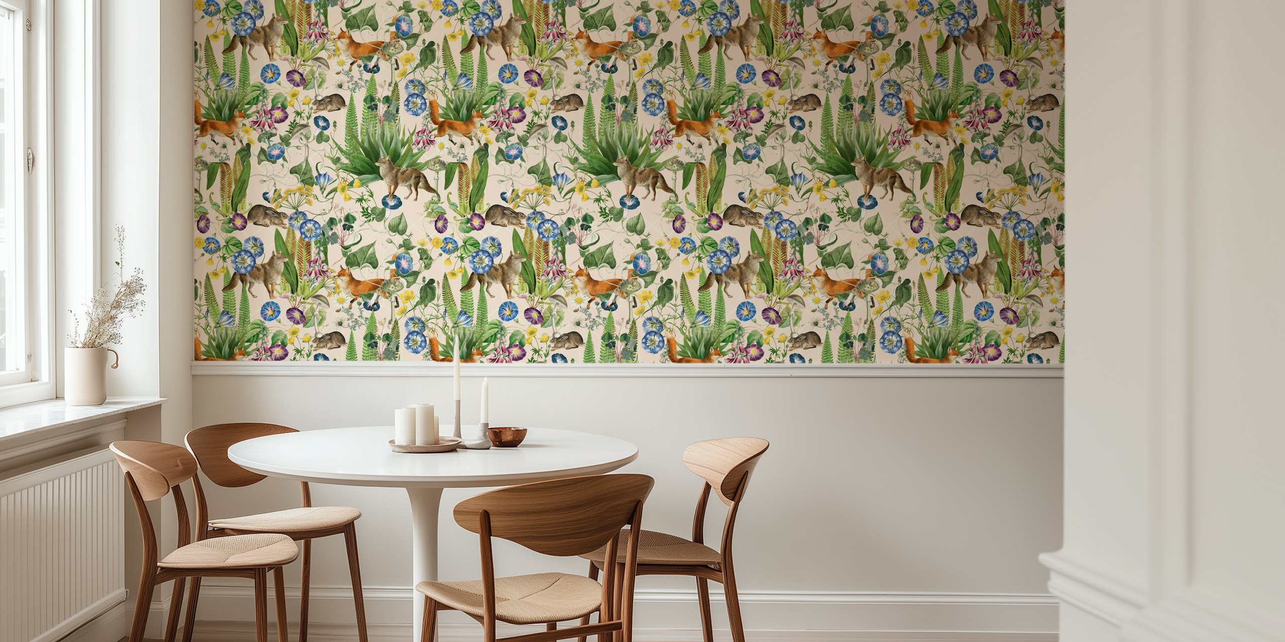 Vintage mystic animals and flower forest wallpaper