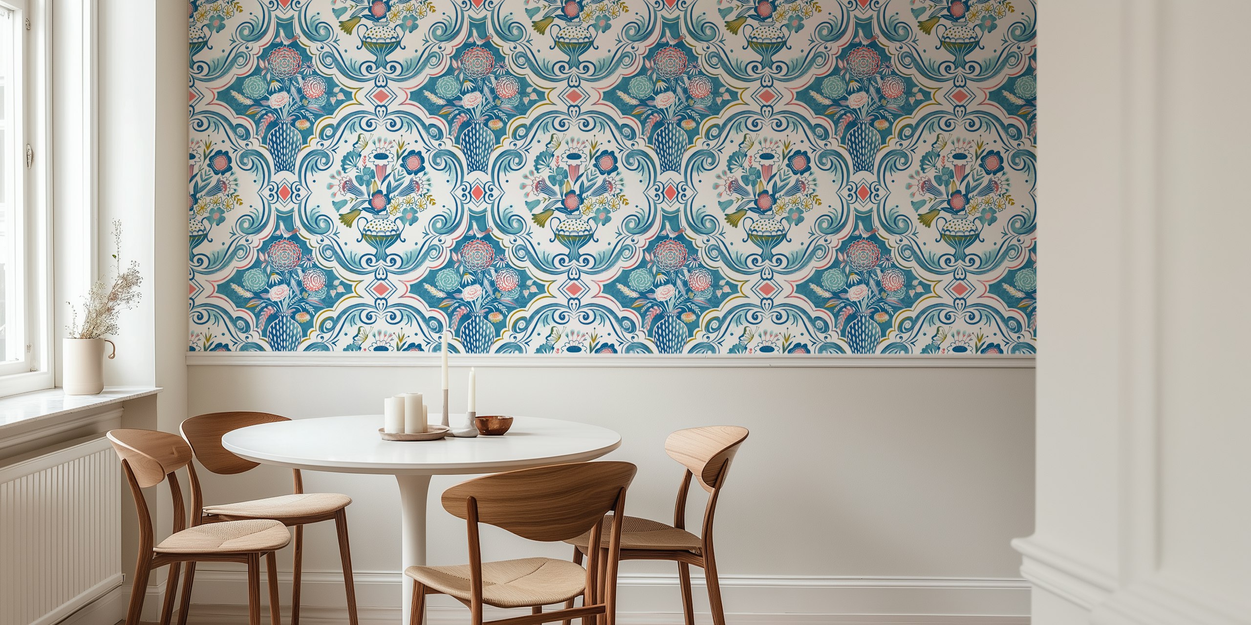 Papier peint mural sticker damassé floral bleu et blanc