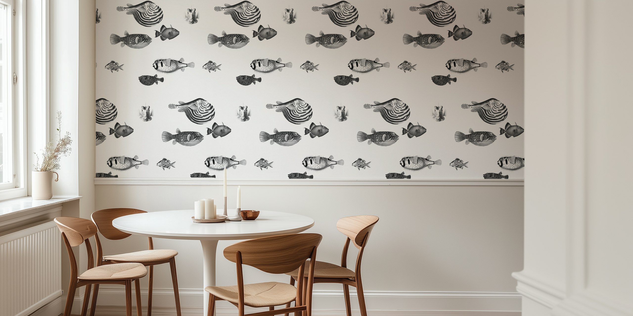 Carta da parati con motivo Acquario Fish in bianco e nero con varie specie