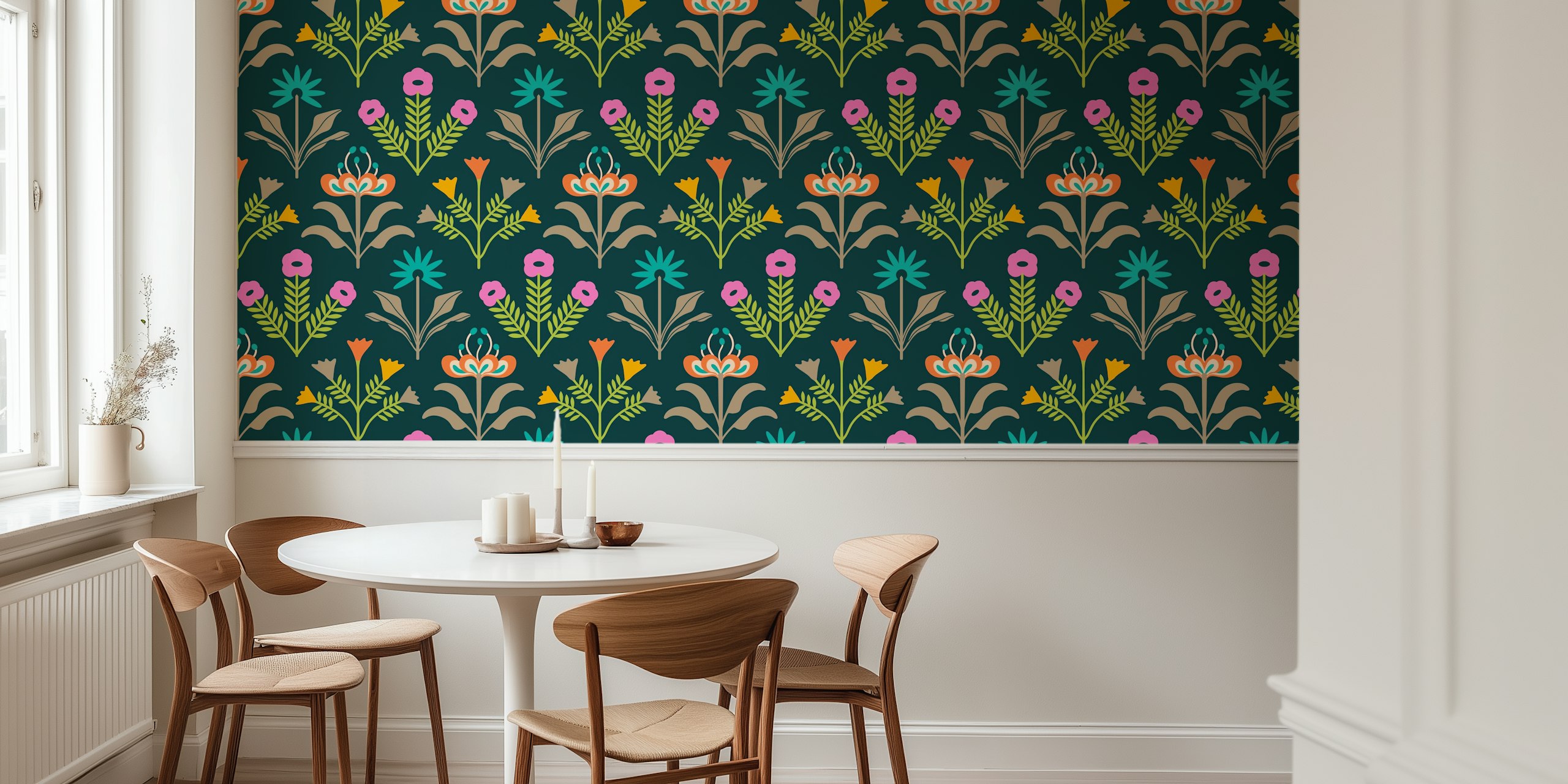 Teal floral wallpaper with pink and orange flowers in mid-century style
