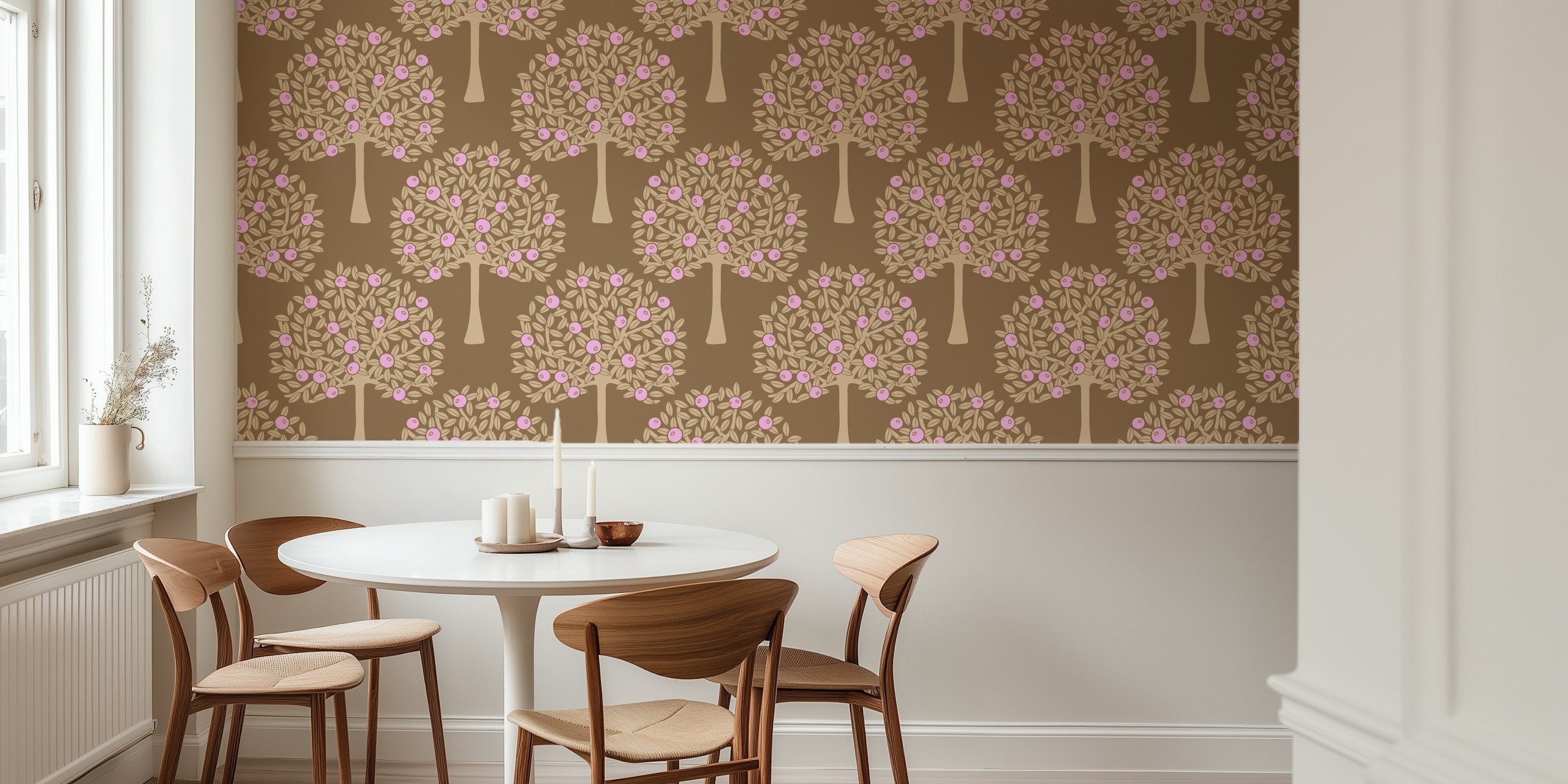 Floral tree pattern with pink fruit on a brown background wallpaper
