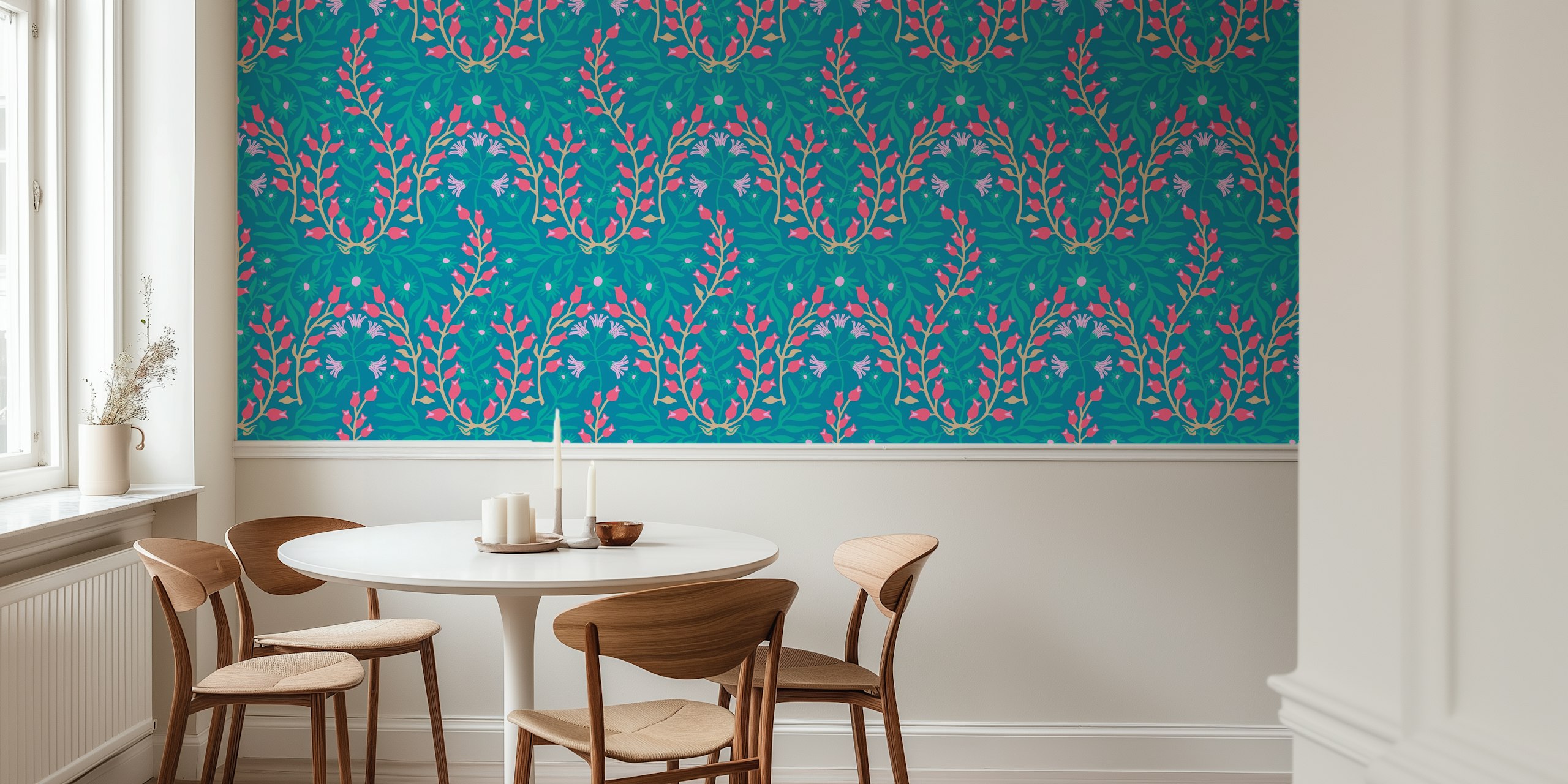 Blue floral wallpaper in a room
