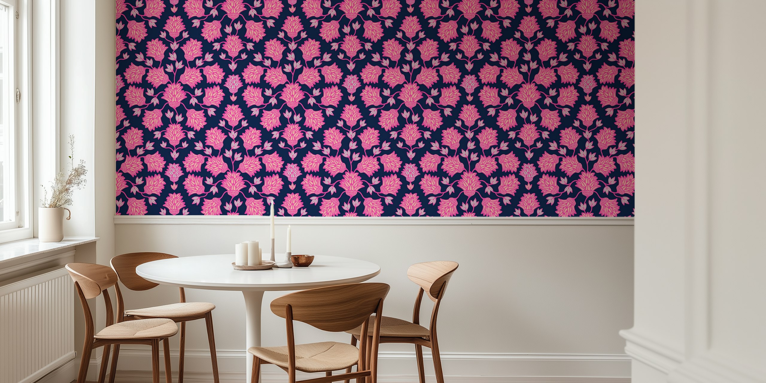 Pink floral damask design on dark blue background wallpaper