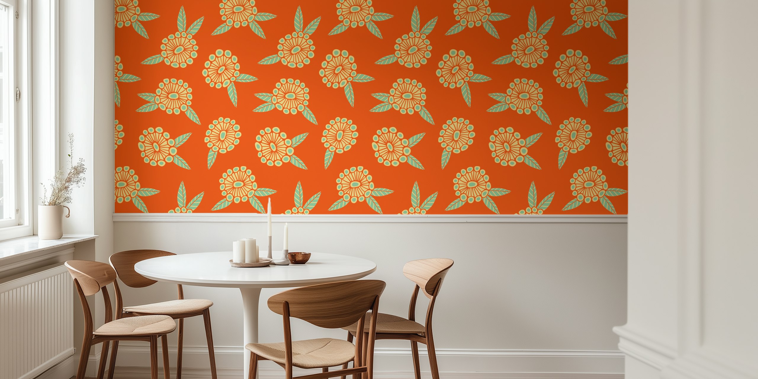 Decorazione murale con motivo floreale retrò caldo e solare su sfondo arancione brillante