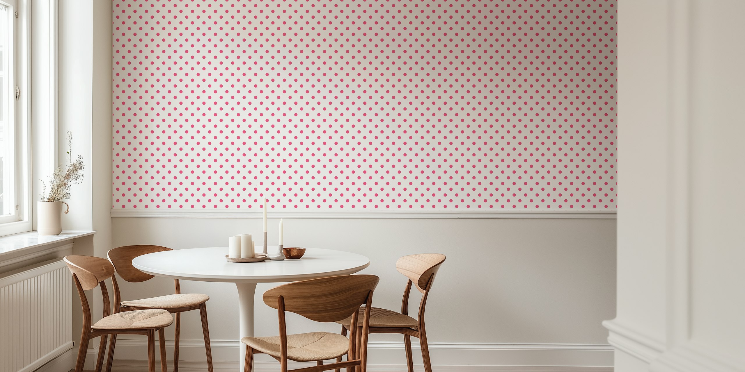 White wallpaper with bright pink dots in a repeating pattern