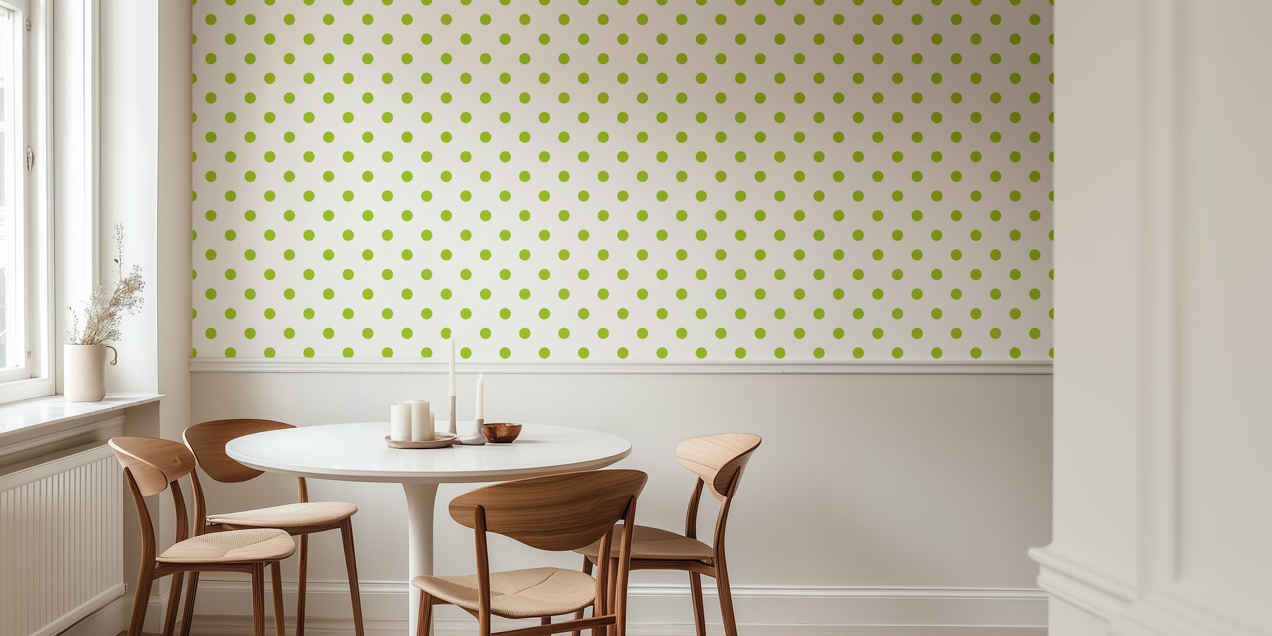 Lime green polka dots på vit
