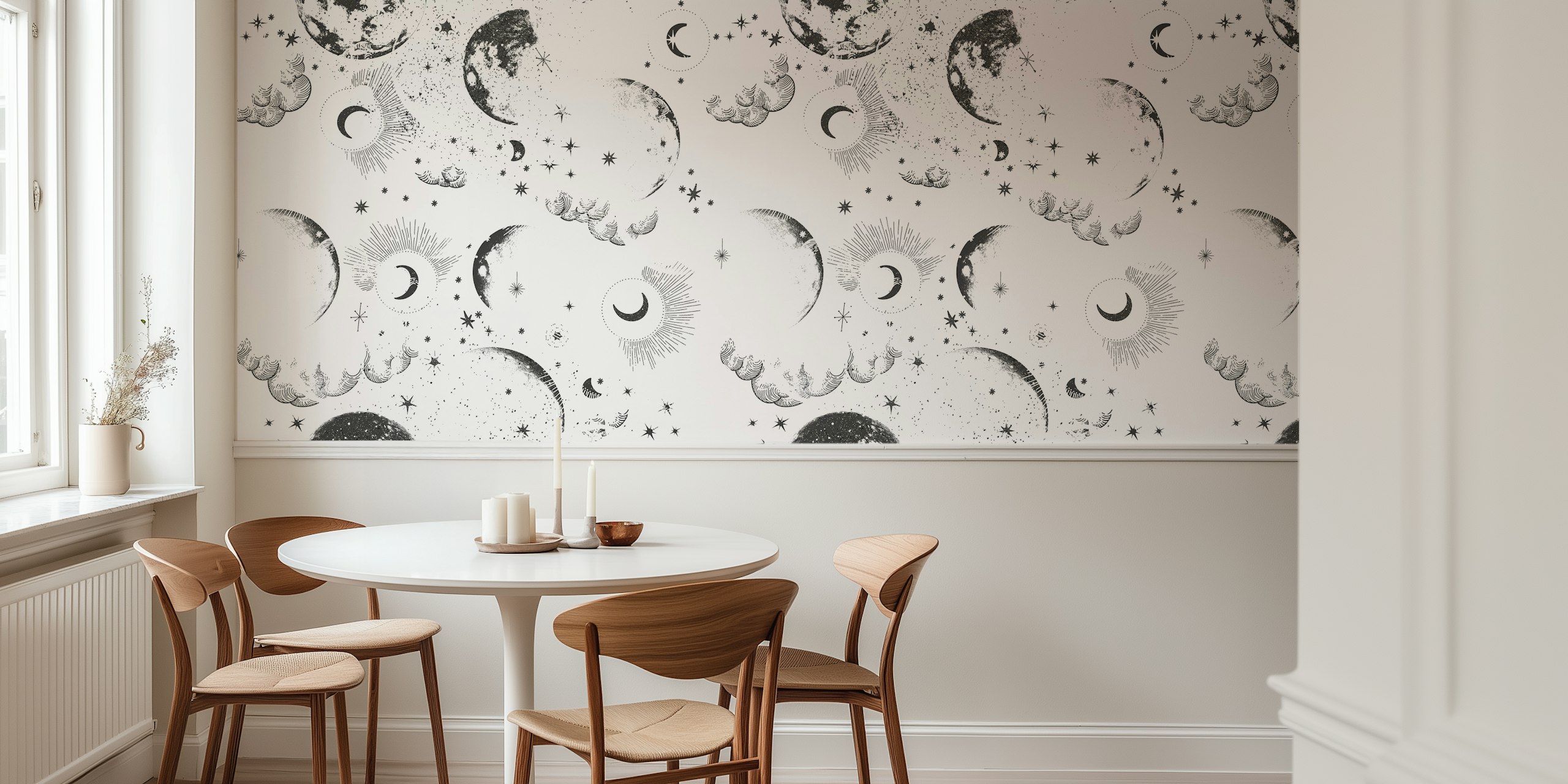 Starry lunar sky mural featuring various moon phases and stars on a white background