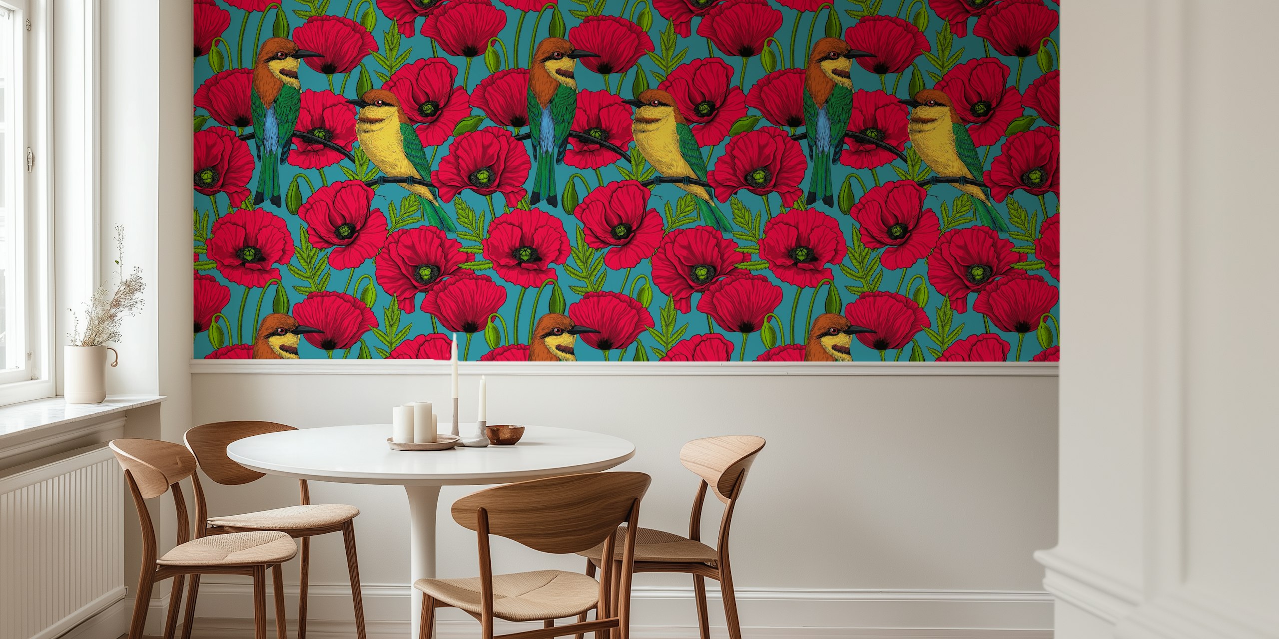 Bee eaters and red poppies on turquoise background wallpaper