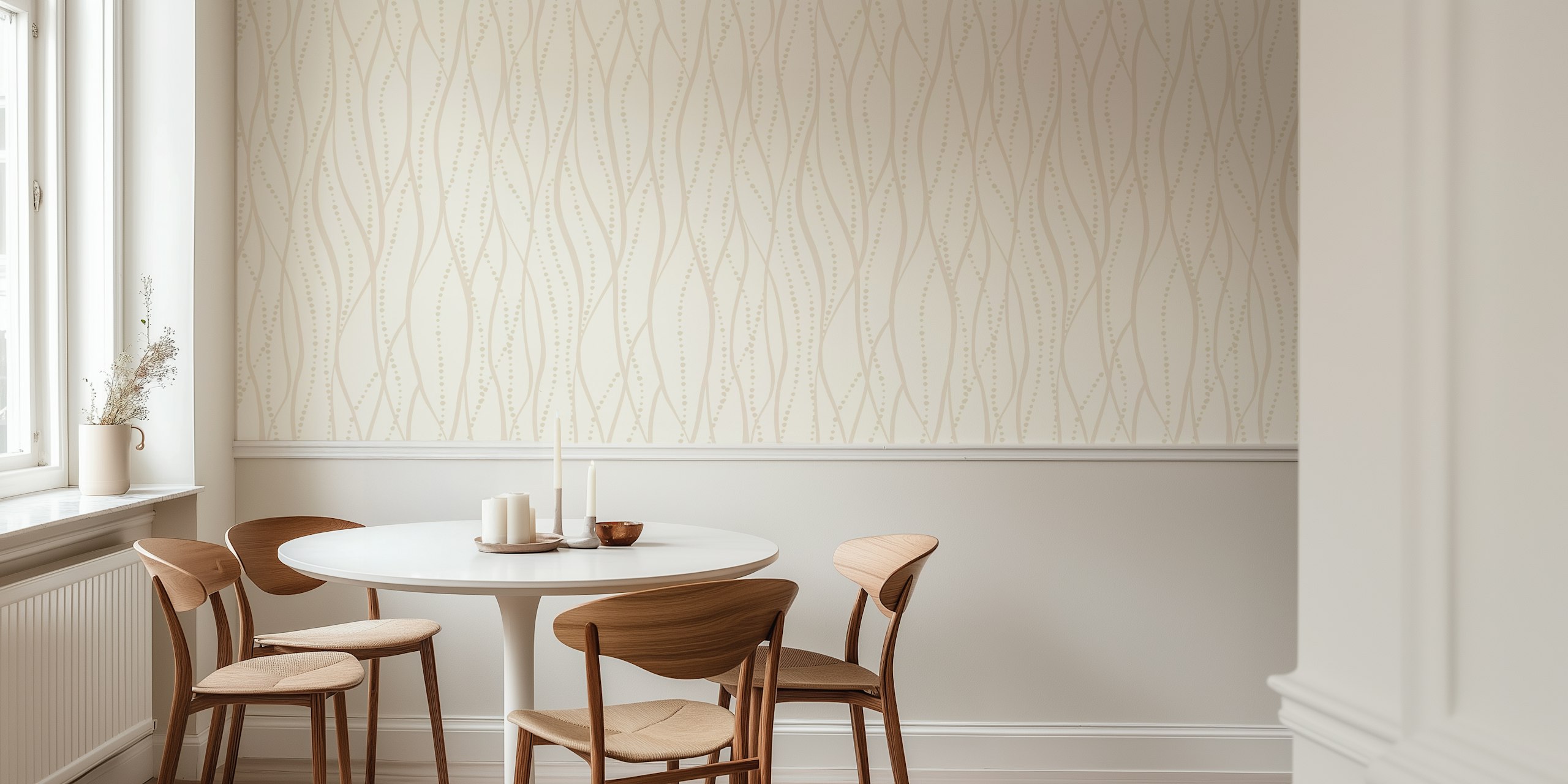 White beige waves tapet i en romsetting