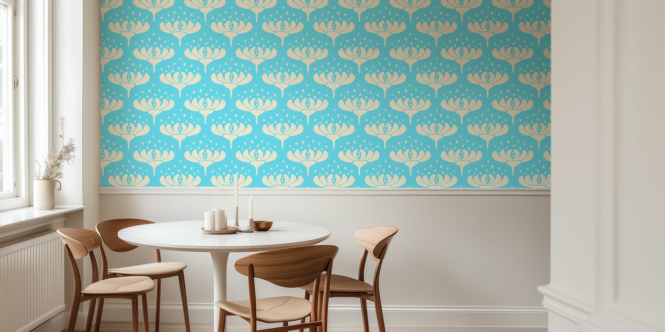 Blue sky retro floral wallpaper in a room
