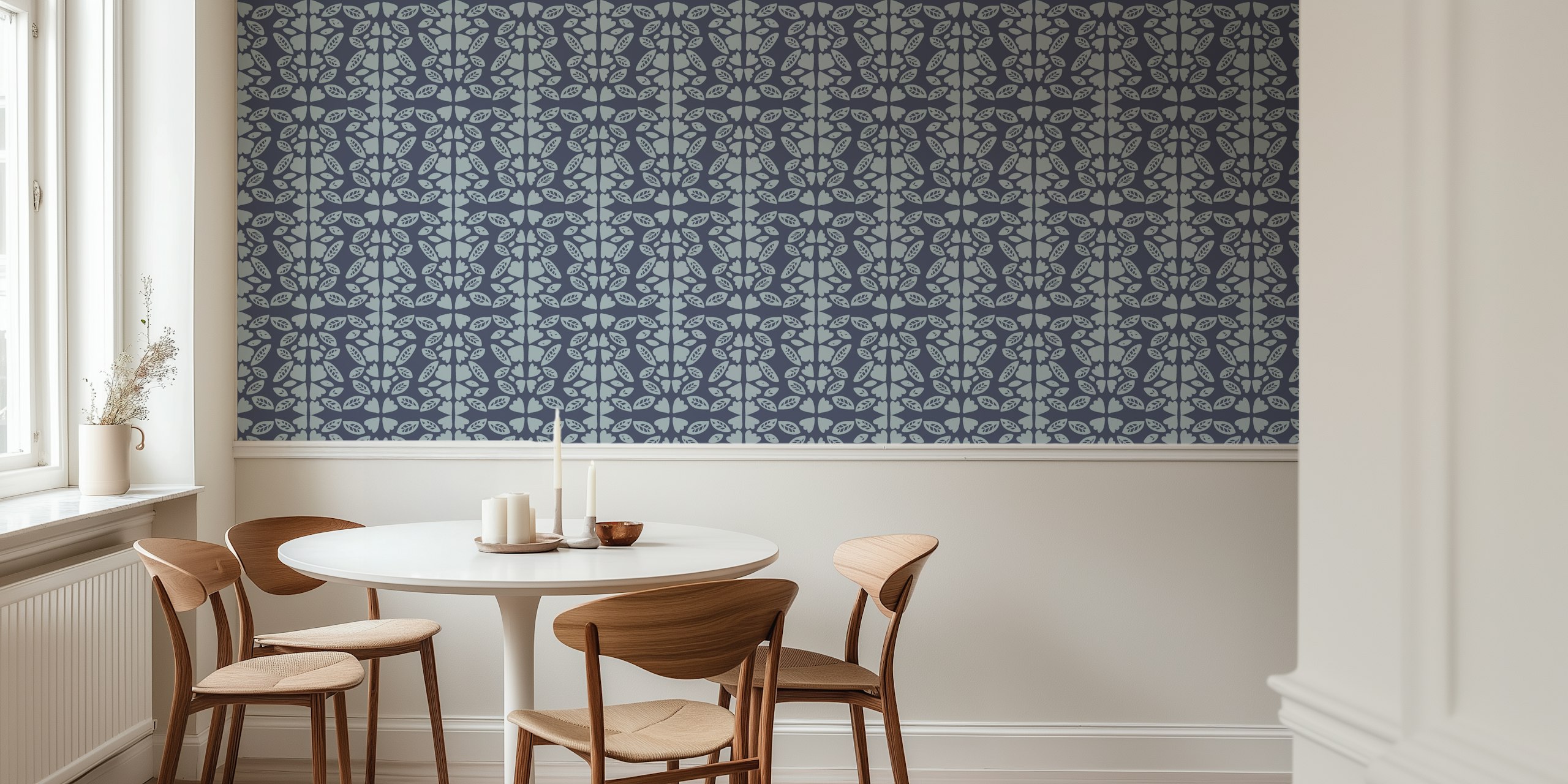 Navy blue backdrop with light blue leaf patterns wallpaper