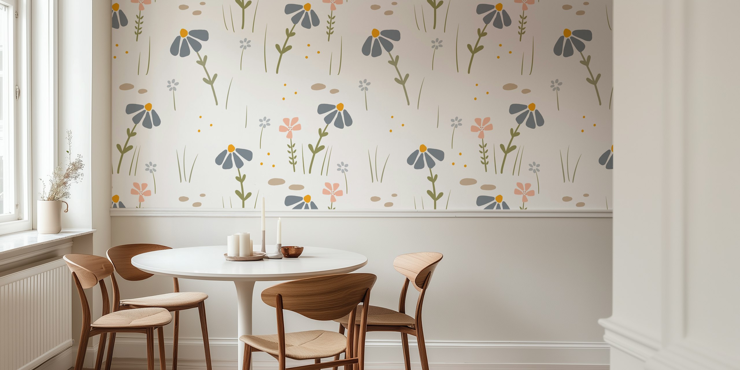 Blue wildflower patterns on light background wallpaper